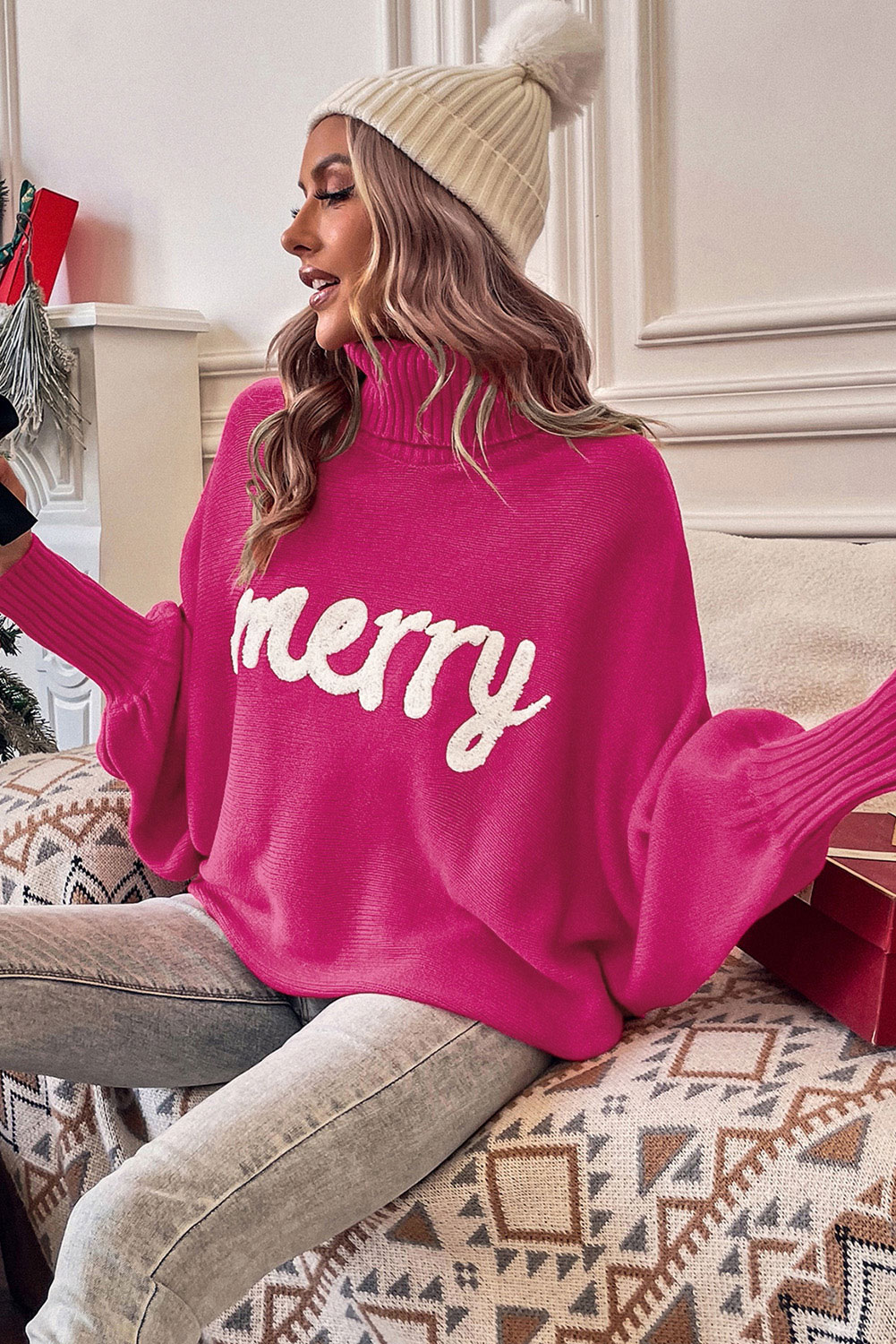 Red Merry Letter Embroidered High Neck Sweater - Image 6