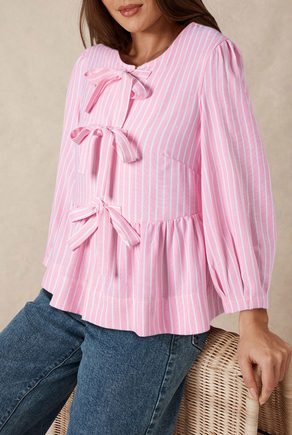 Pink Stripe Bowknot Front Crew Neck Puff Sleeve Blouse