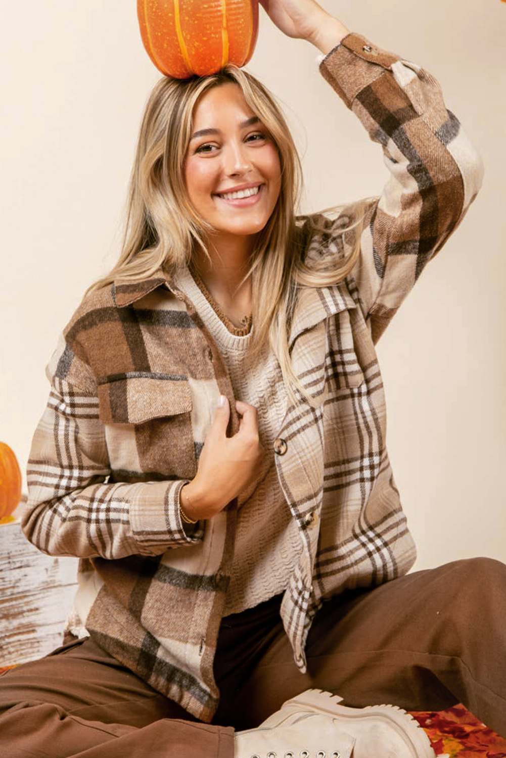 Light French Beige Flannel Plaid Double Flap Pocket Shacket - Image 3