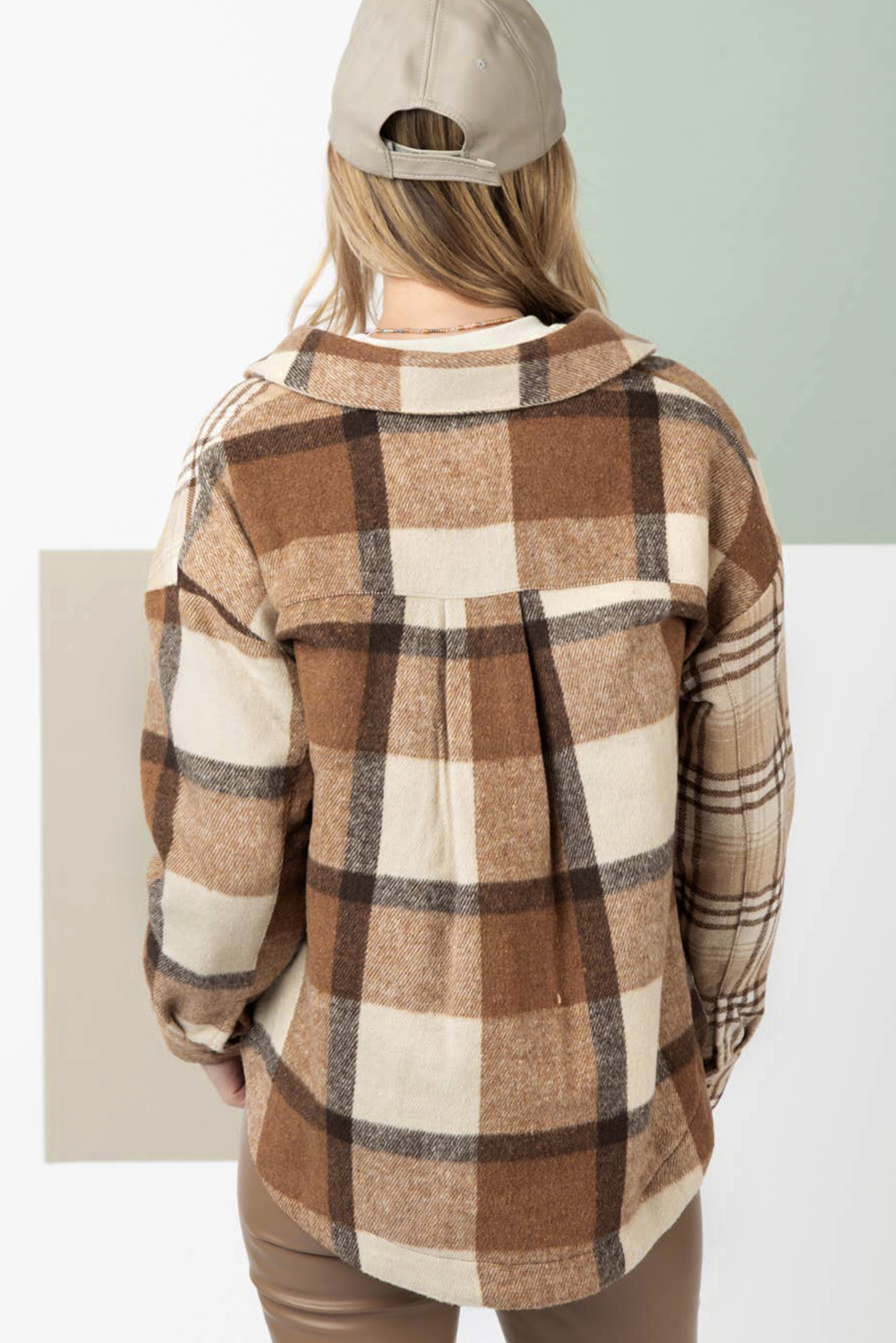 Light French Beige Flannel Plaid Double Flap Pocket Shacket - Image 2
