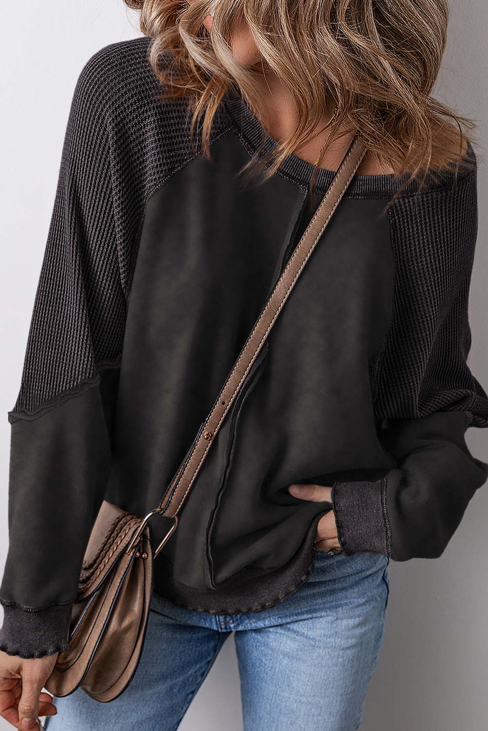 Mineral Blue Solid Waffle Knit Patchwork Raglan Sleeve Sweatshirt - Image 7