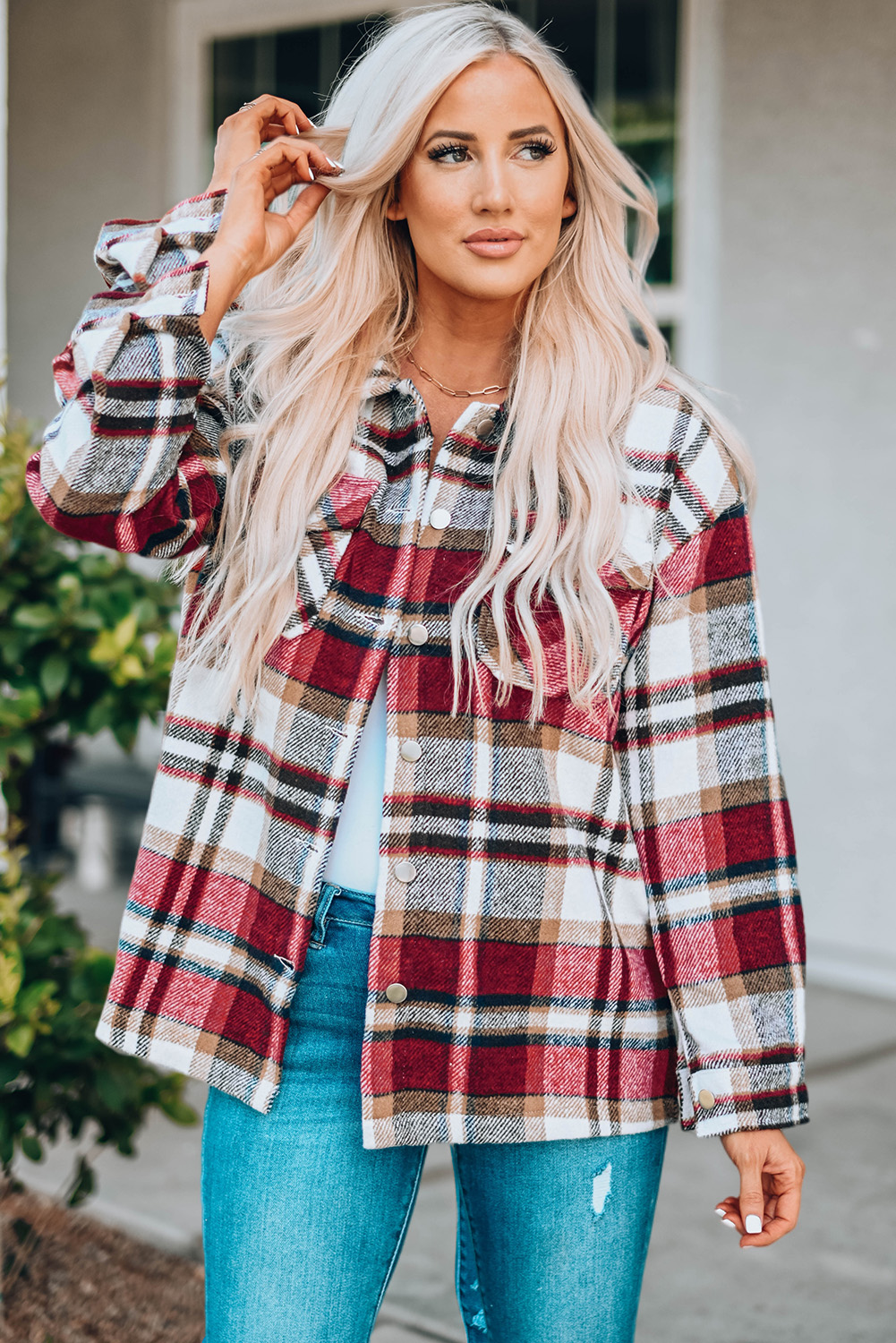 Geometric Plaid Print Pocketed Shacket - Image 4