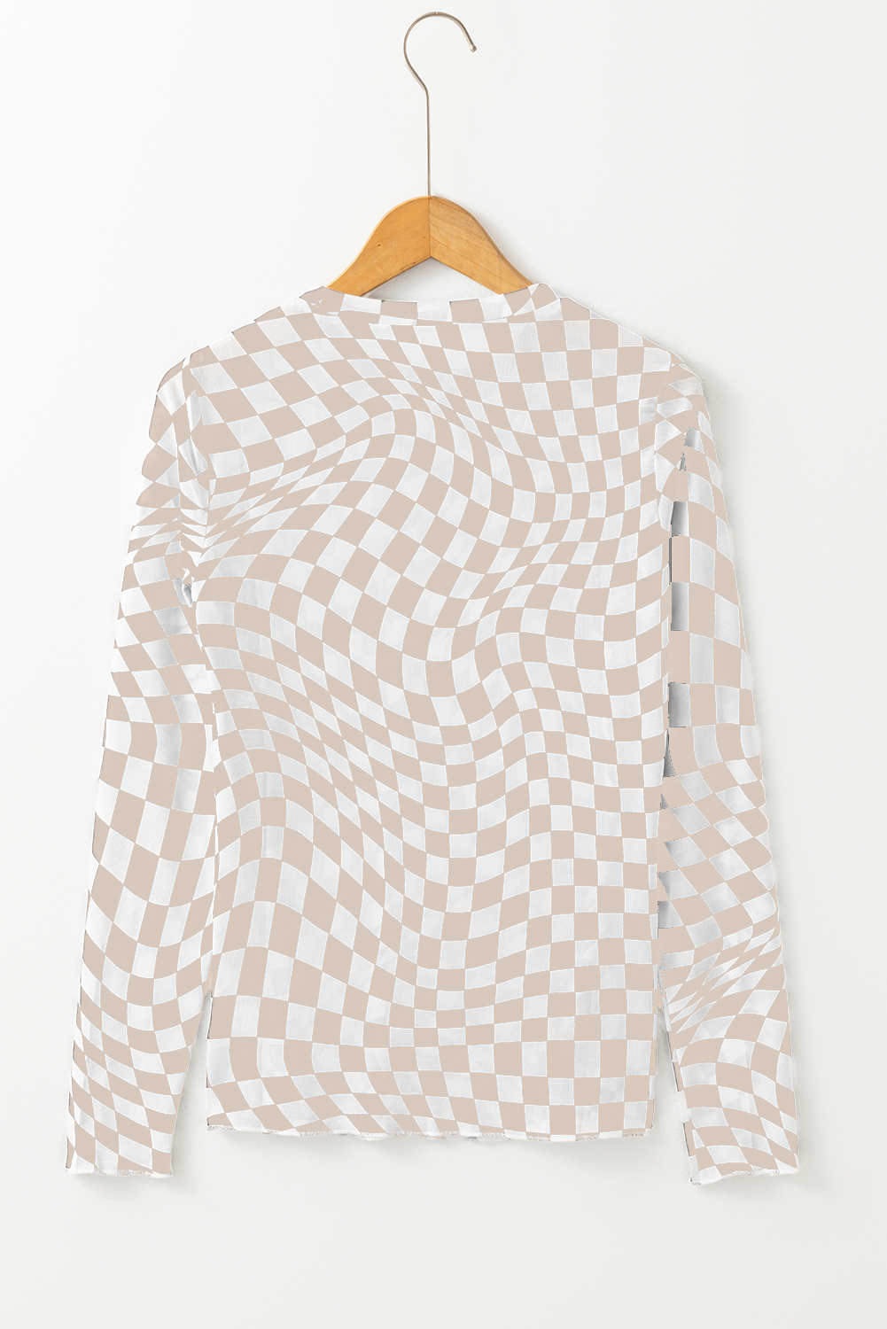 black checkered pattern mesh mock neck long sleeve top