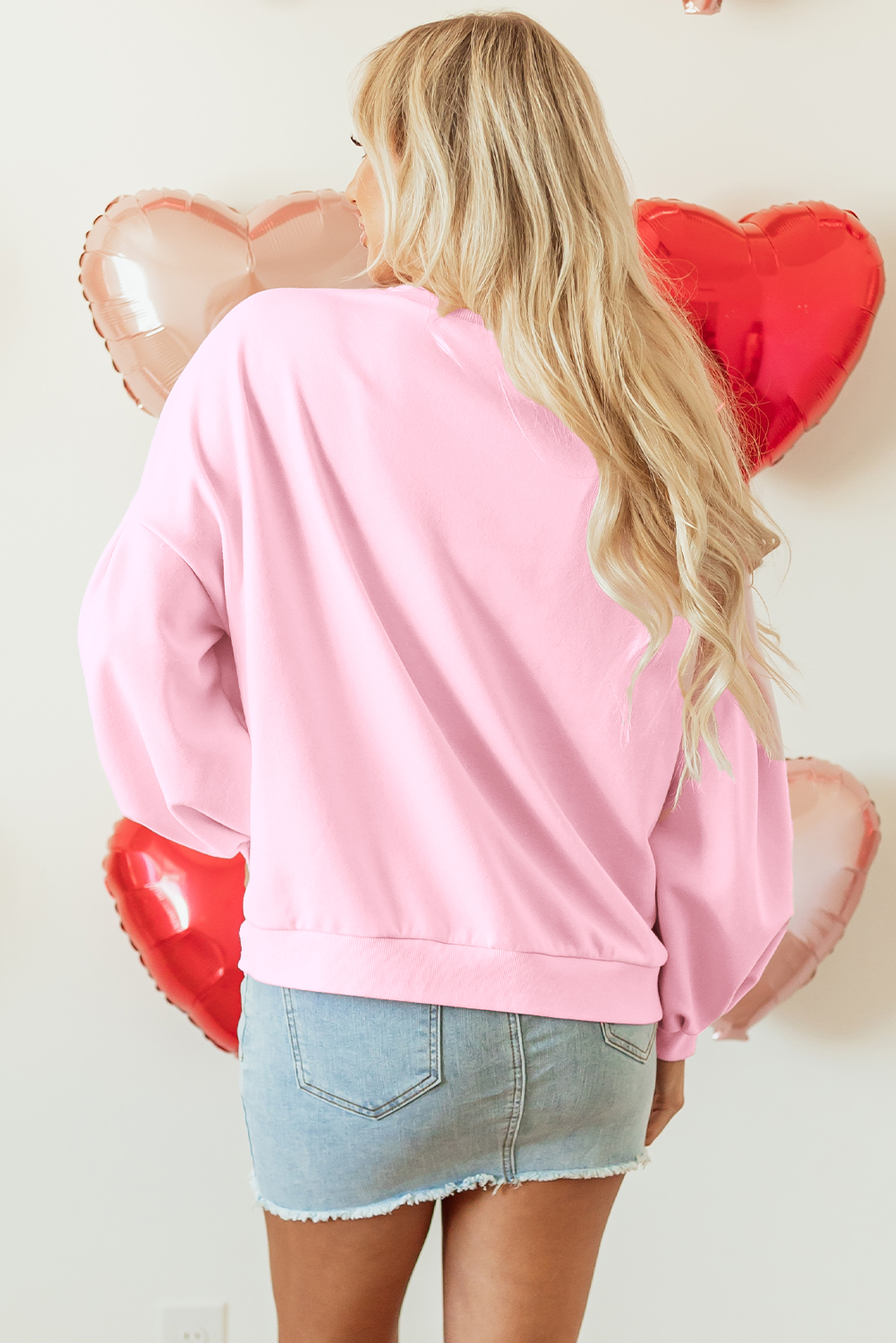 light pink embroidered bow lantern sleeve oversized pullover sweatshirt