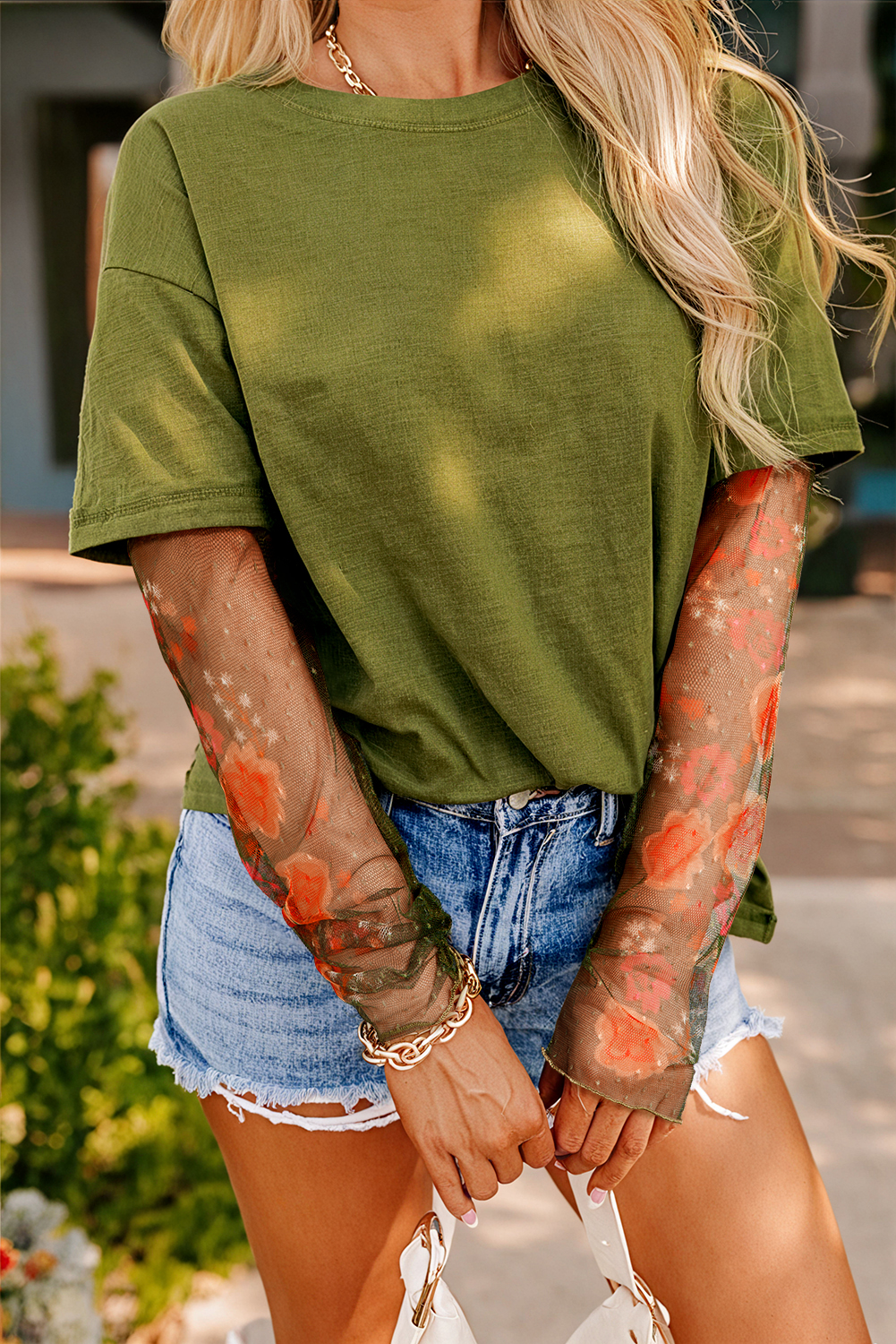 black faux two piece floral long sleeve patchwork tee