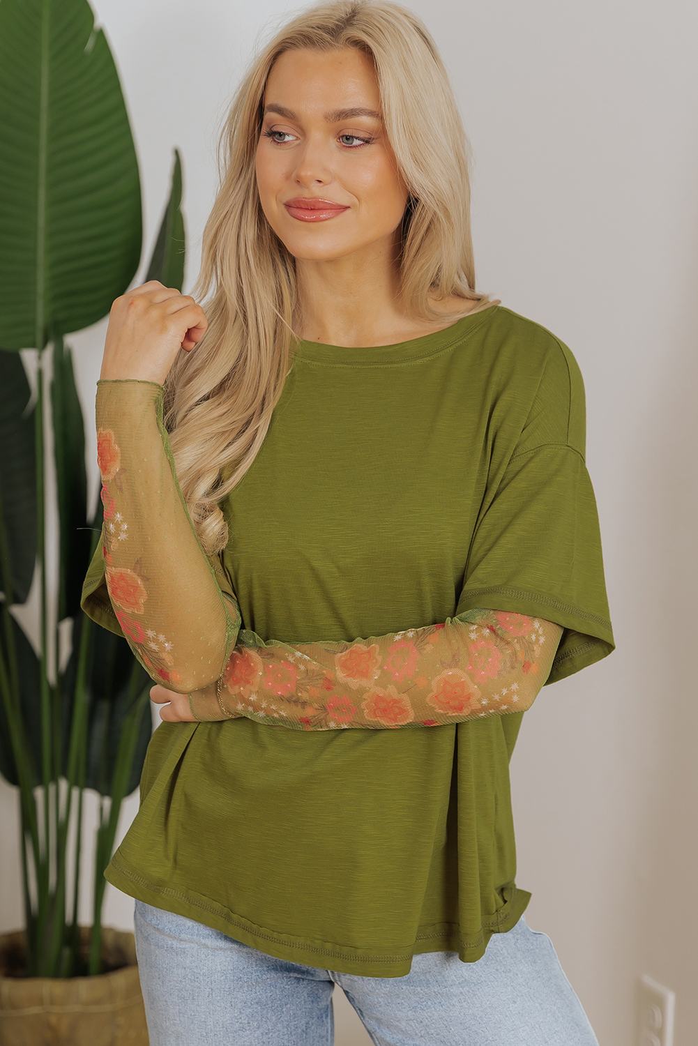 black faux two piece floral long sleeve patchwork tee
