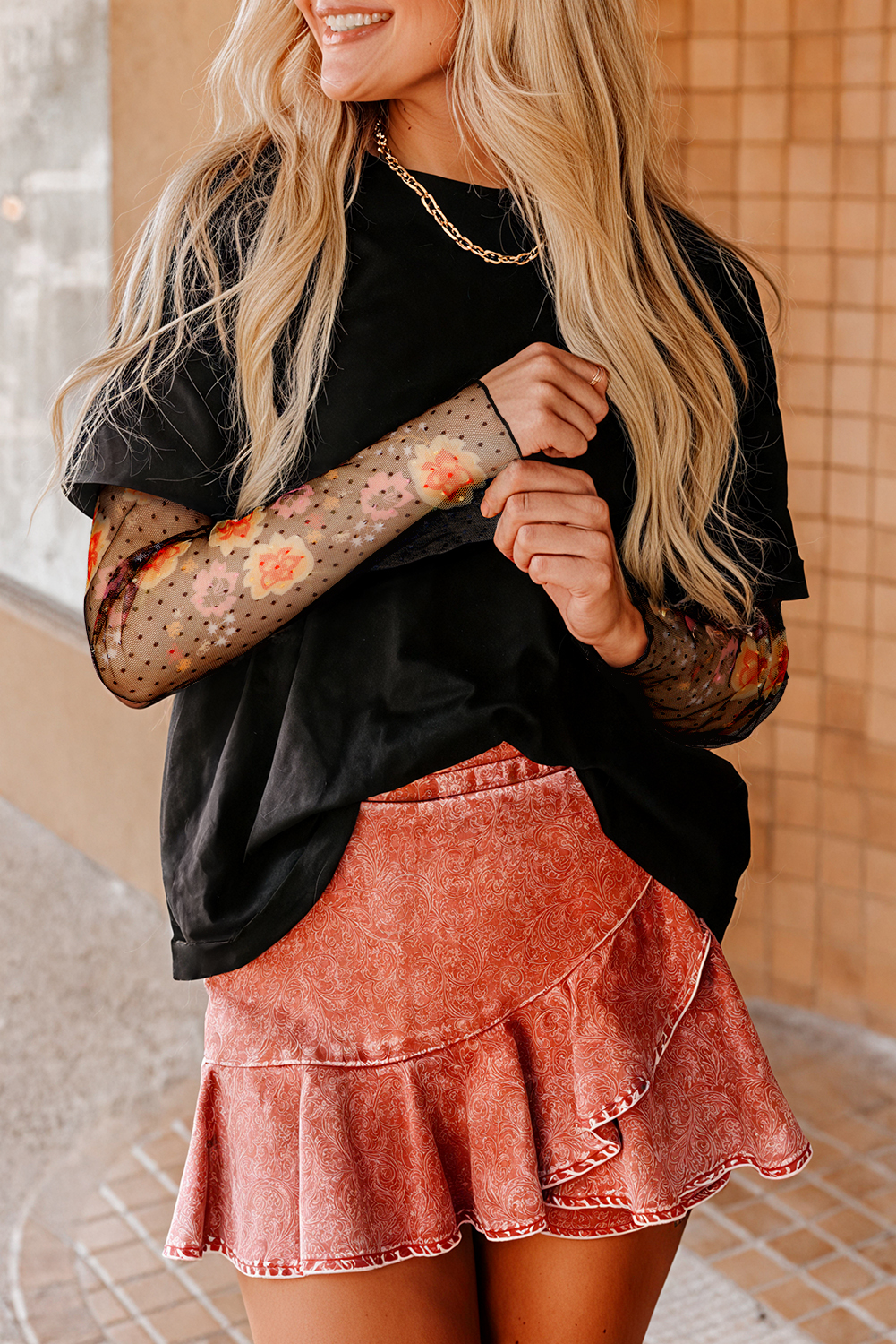 black faux two piece floral long sleeve patchwork tee