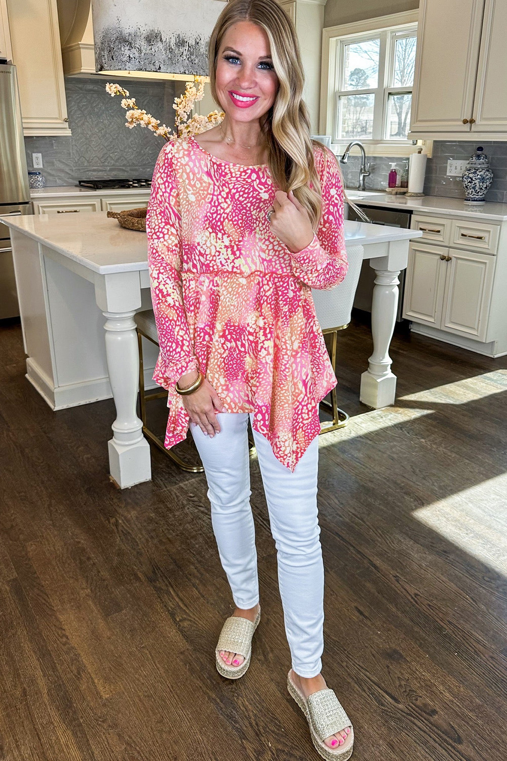 rose classic leopard print handkerchief hem tunic top