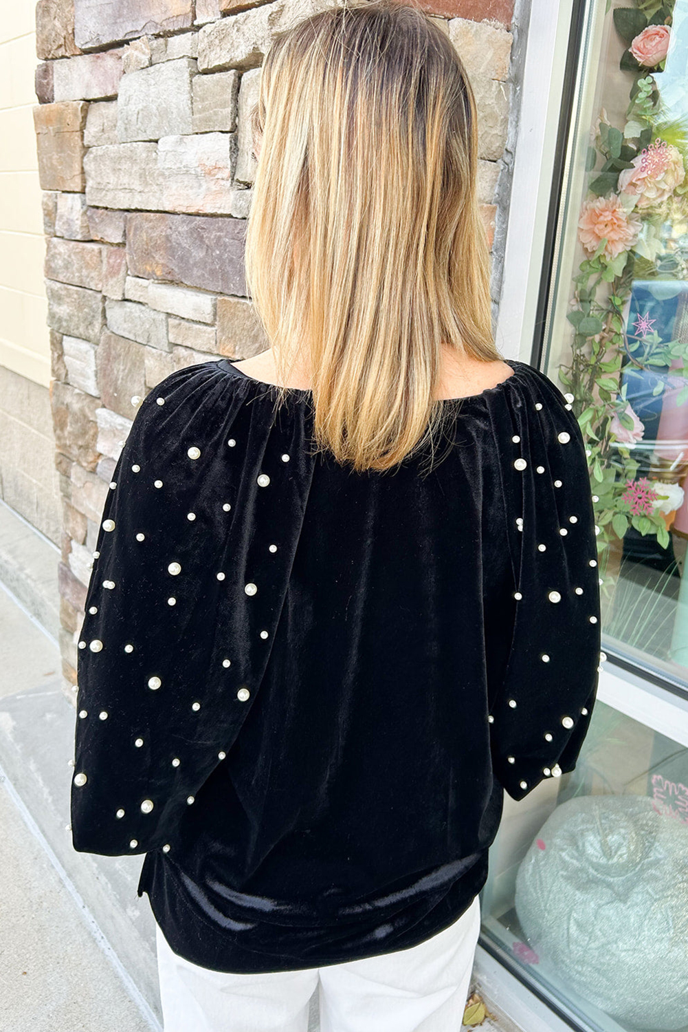 black pearl beaded half sleeve velvet top
