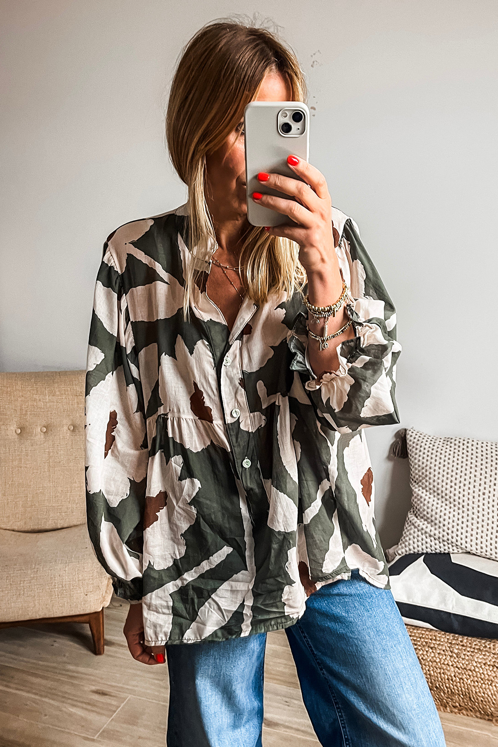 four leaf clover abstract floral print puff sleeve half button blouse