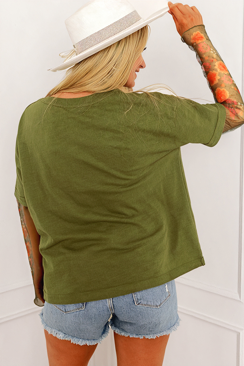 black faux two piece floral long sleeve patchwork tee