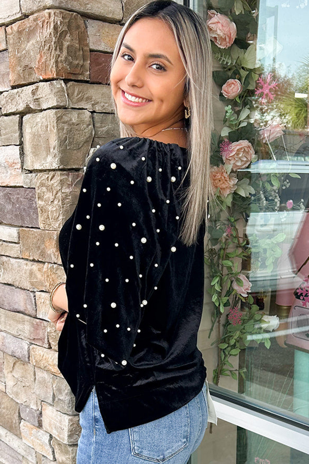 black pearl beaded half sleeve velvet top
