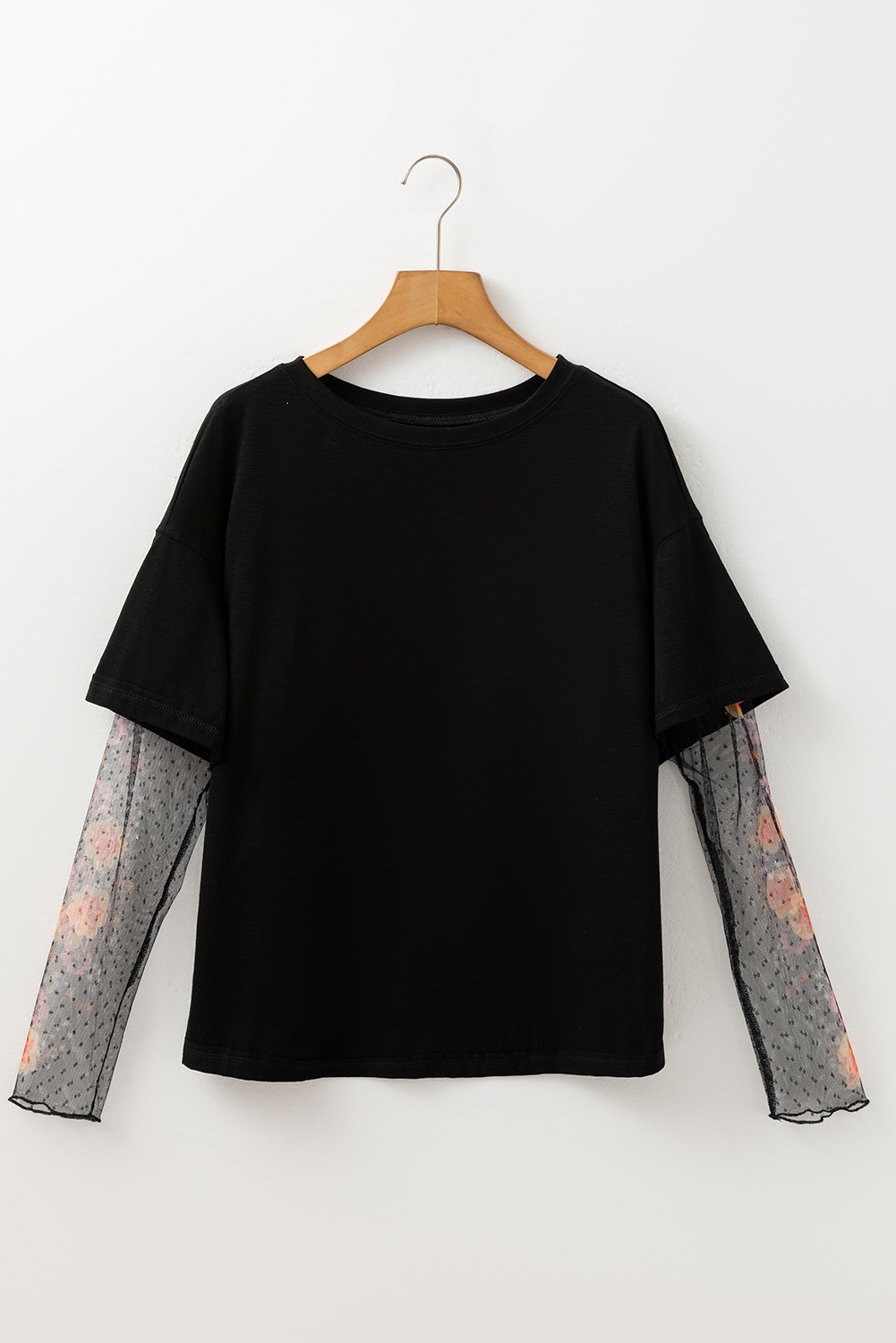 black faux two piece floral long sleeve patchwork tee