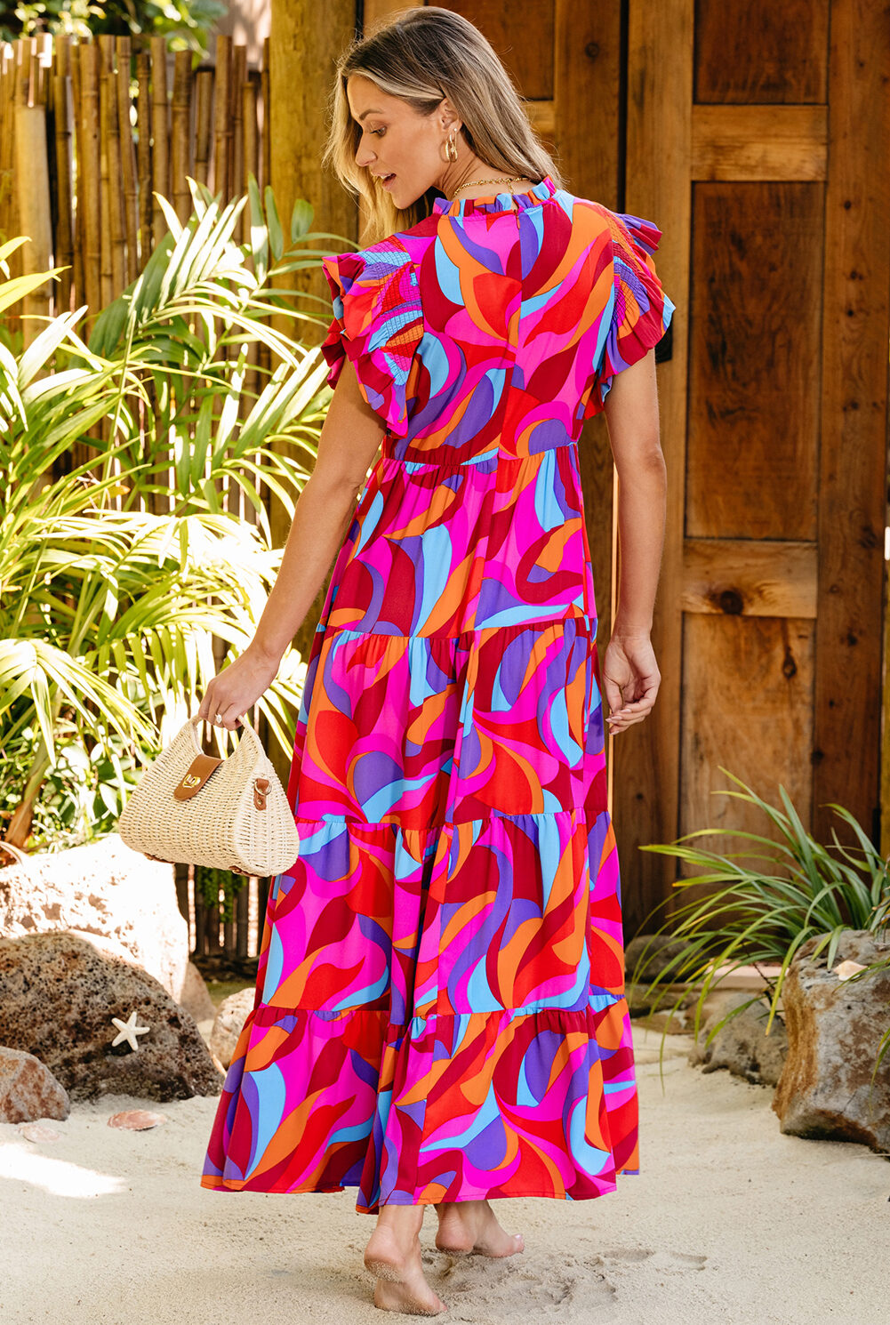 orange abstract printed high waist ruffle tiered long dress