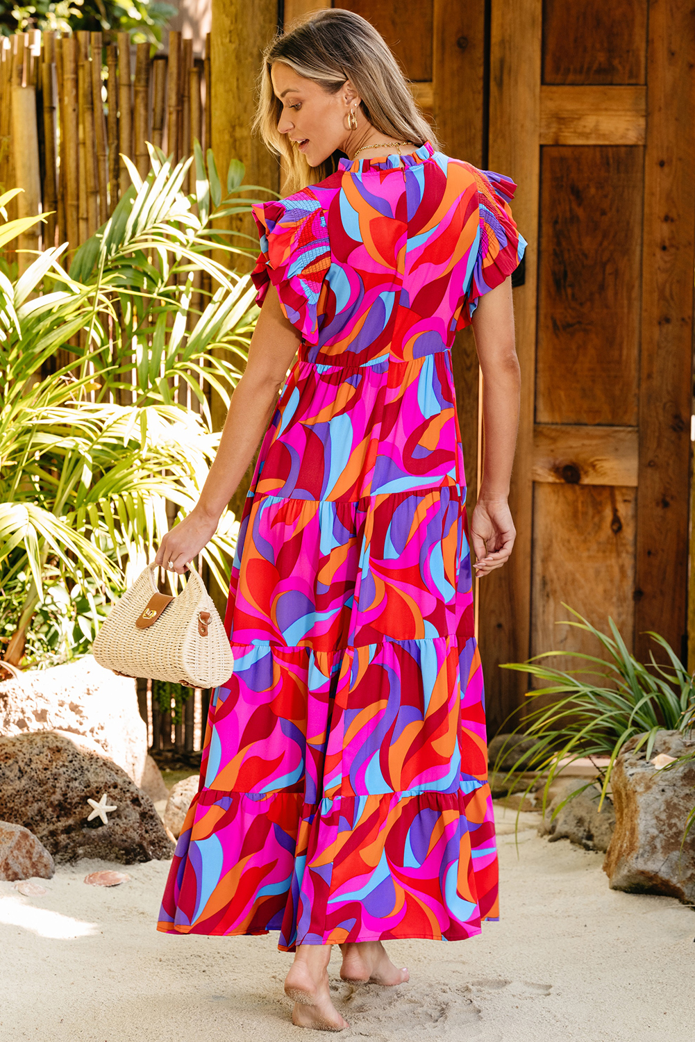orange abstract printed high waist ruffle tiered long dress