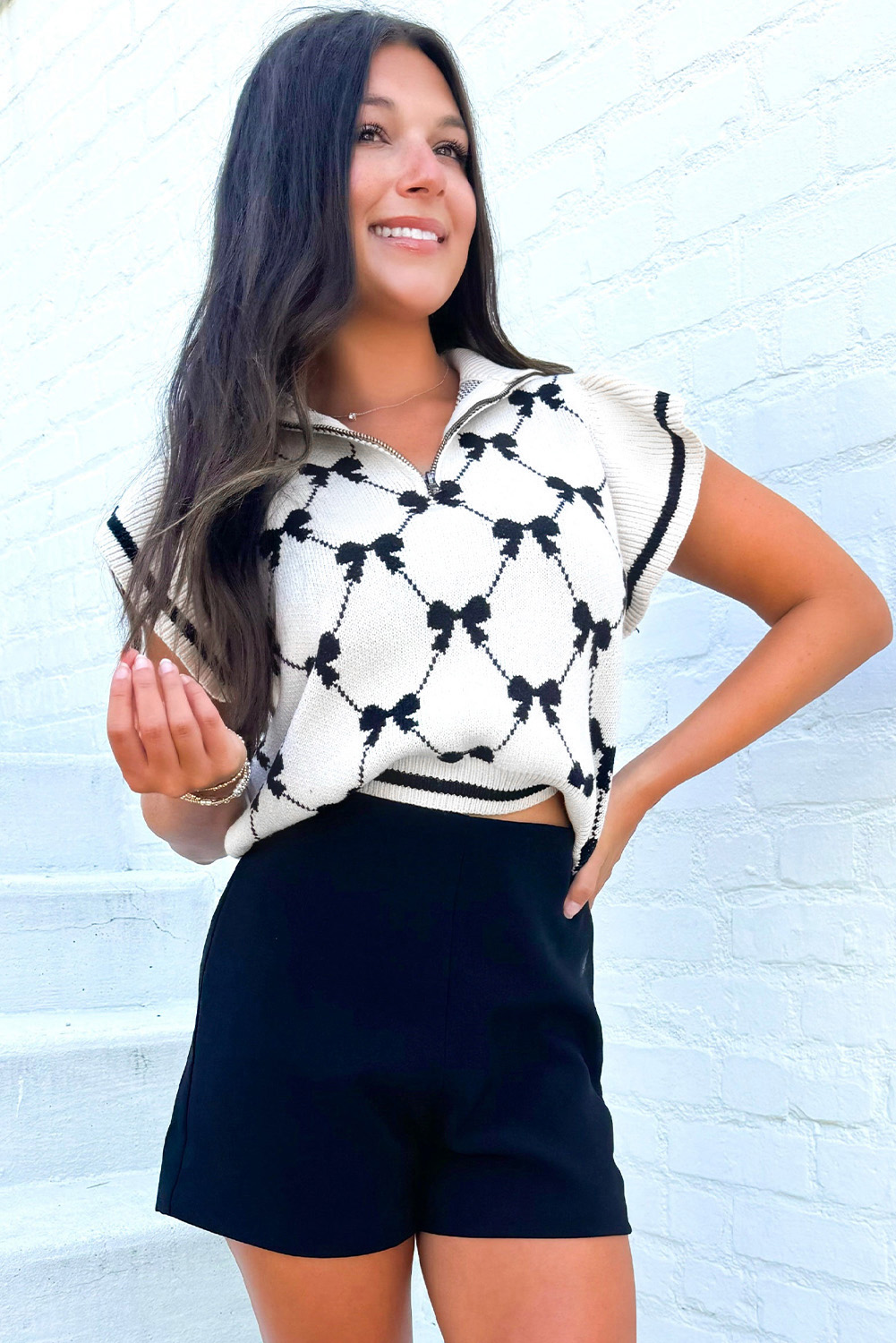 black preppy vibes bow print zipped collar sweater tee