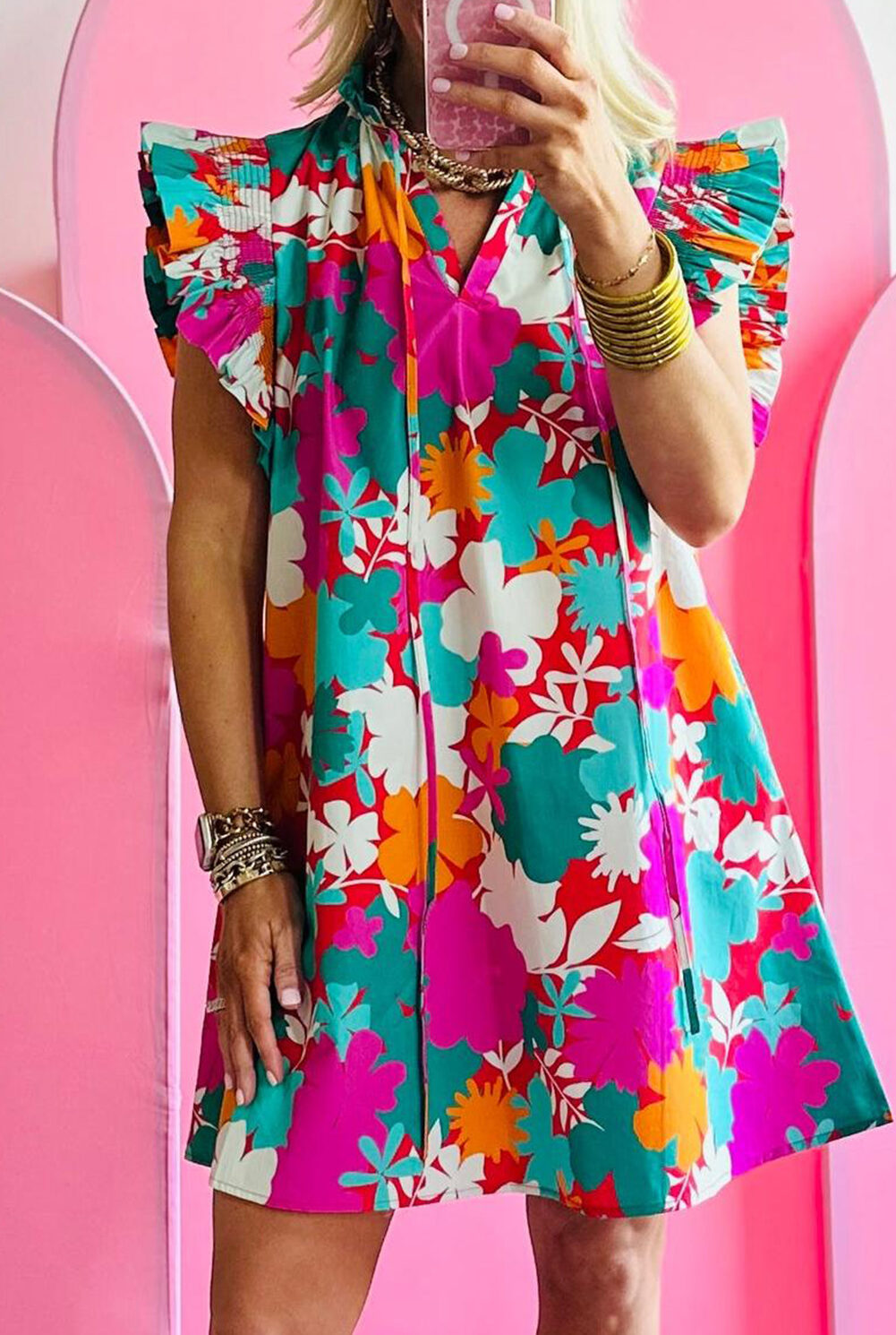 multicolour floral tie split neck flutter sleeve mini dress