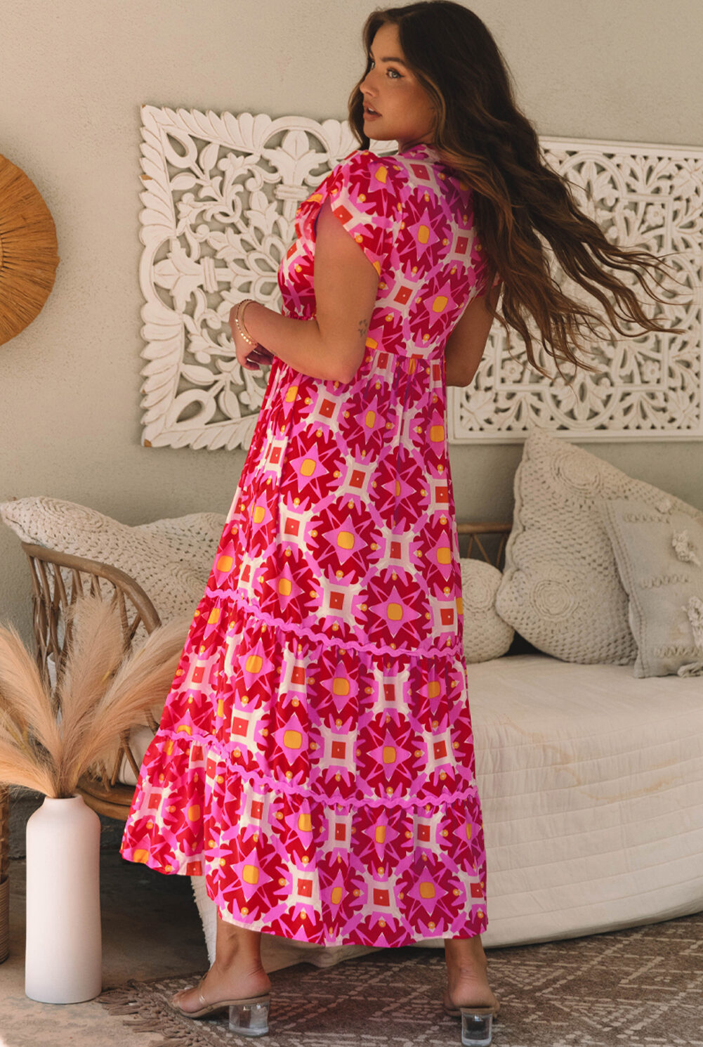 strawberry pink geo print v neck maxi dress