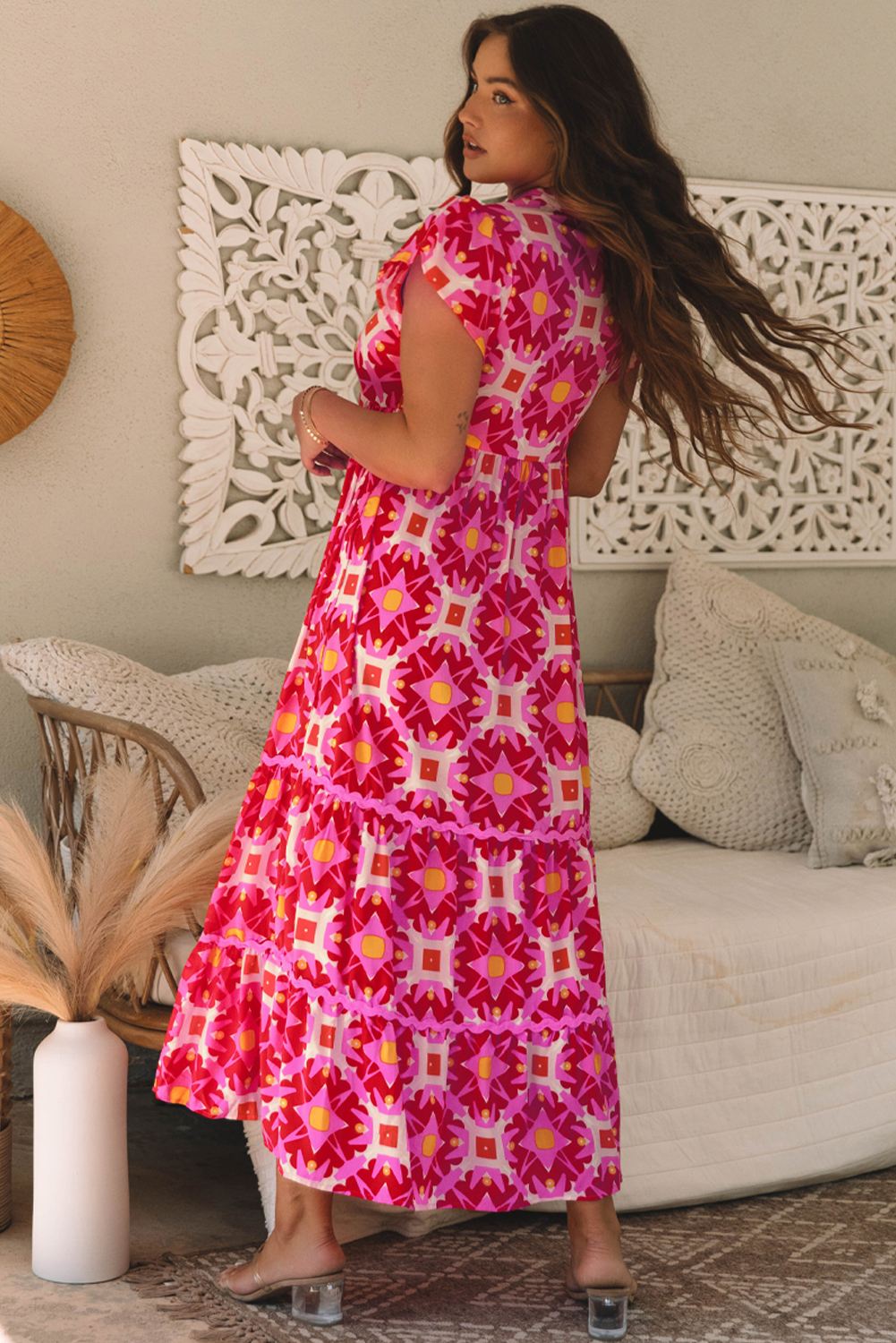 strawberry pink geo print v neck maxi dress