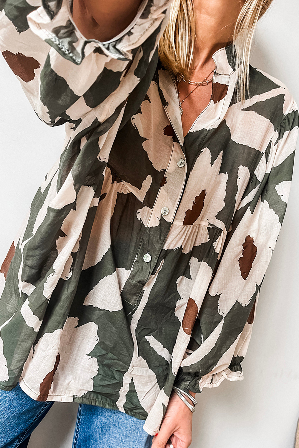 four leaf clover abstract floral print puff sleeve half button blouse