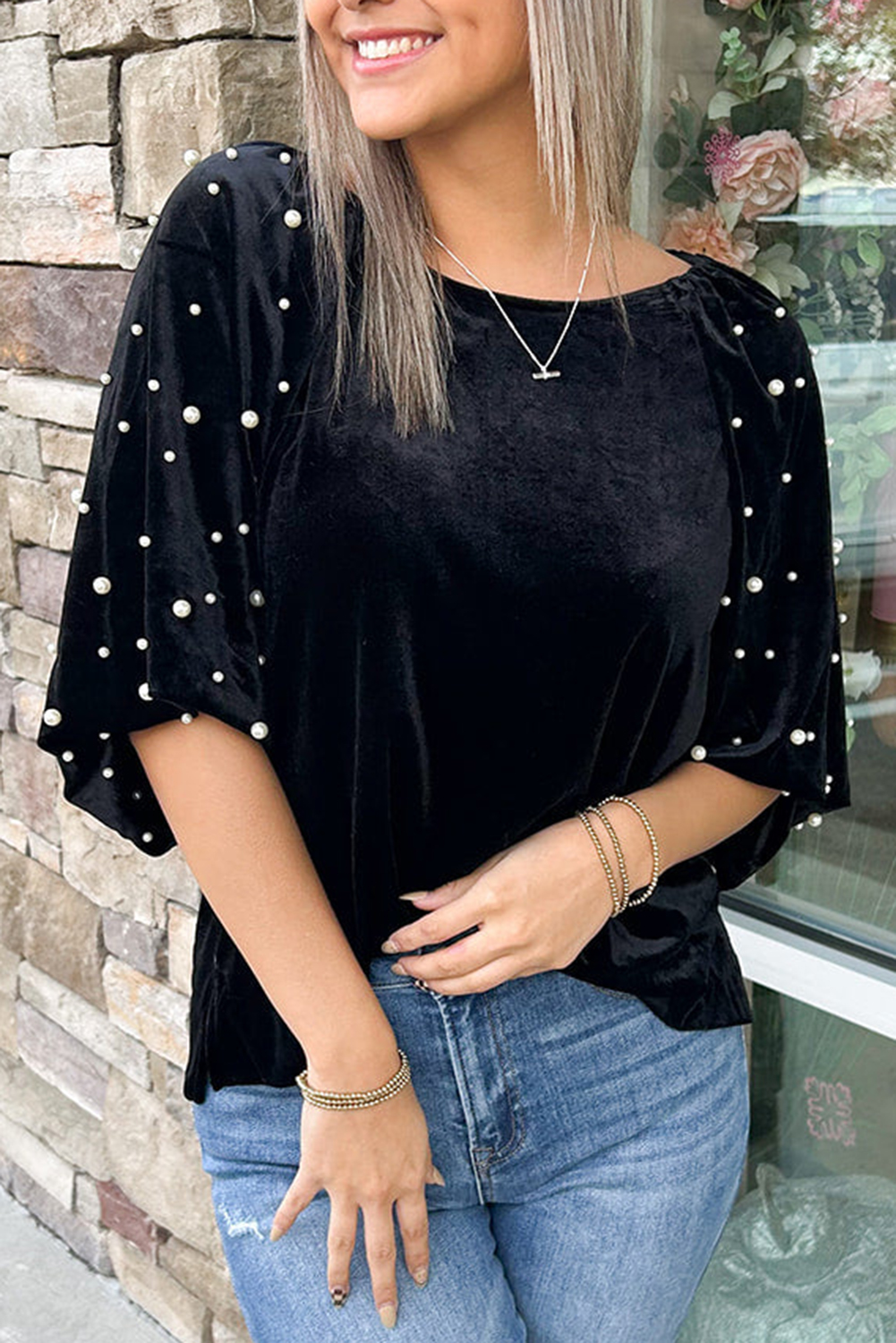black pearl beaded half sleeve velvet top