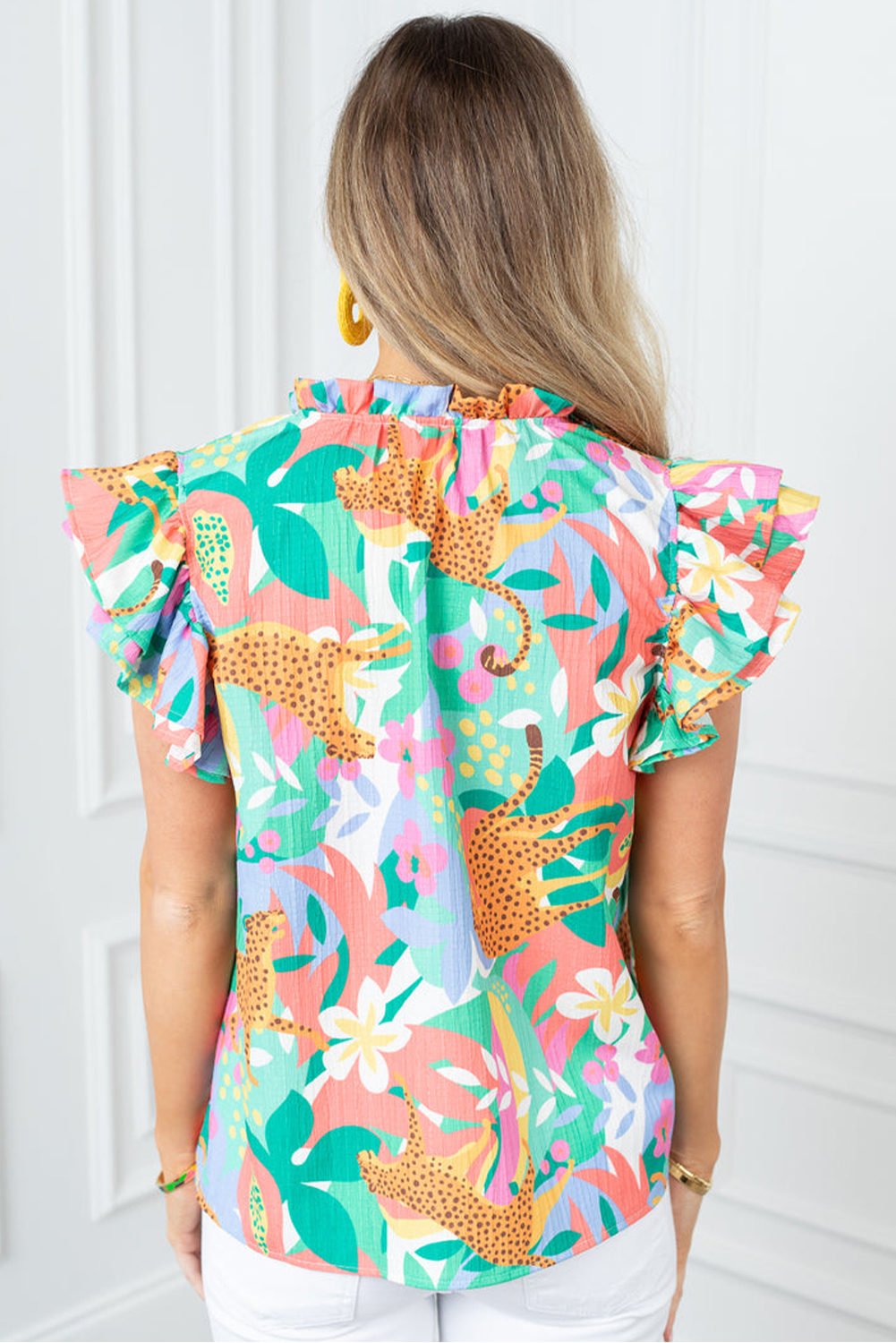 green frilly ruffle tie split neck summer floral blouse