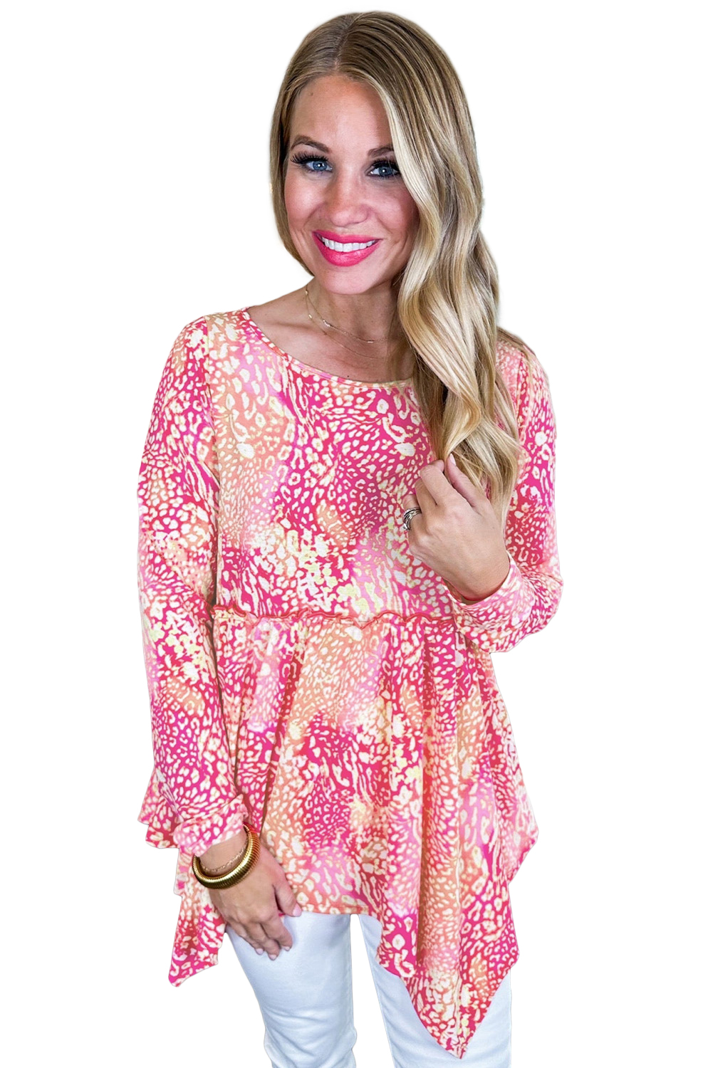 rose classic leopard print handkerchief hem tunic top