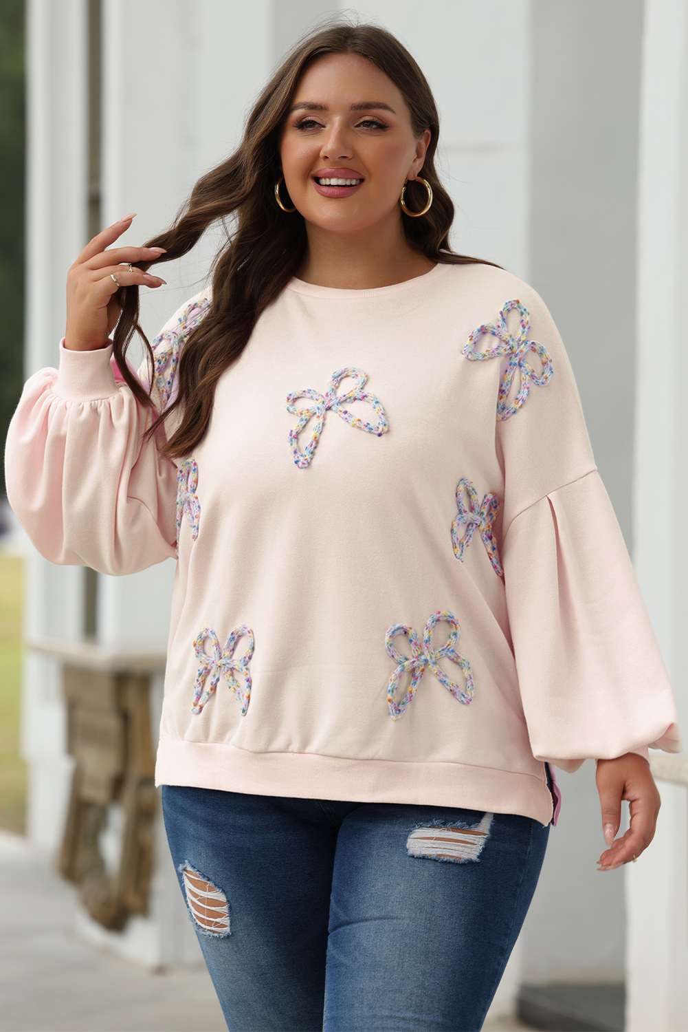 light pink embroidered bow lantern sleeve oversized pullover sweatshirt