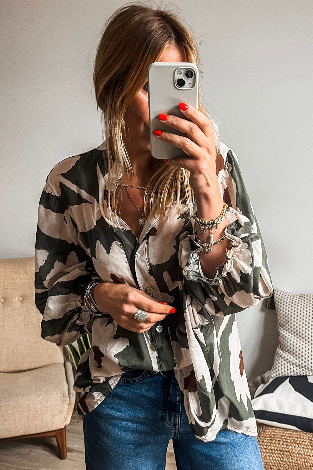 four leaf clover abstract floral print puff sleeve half button blouse