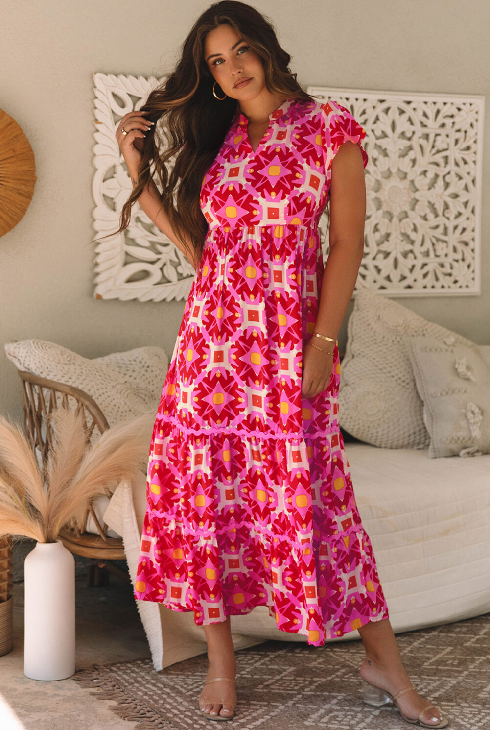 strawberry pink geo print v neck maxi dress
