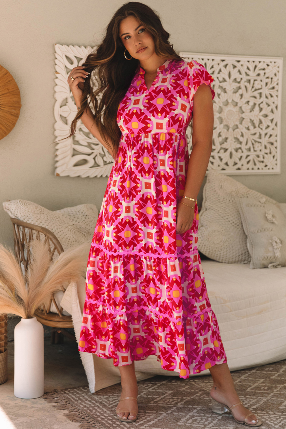 strawberry pink geo print v neck maxi dress