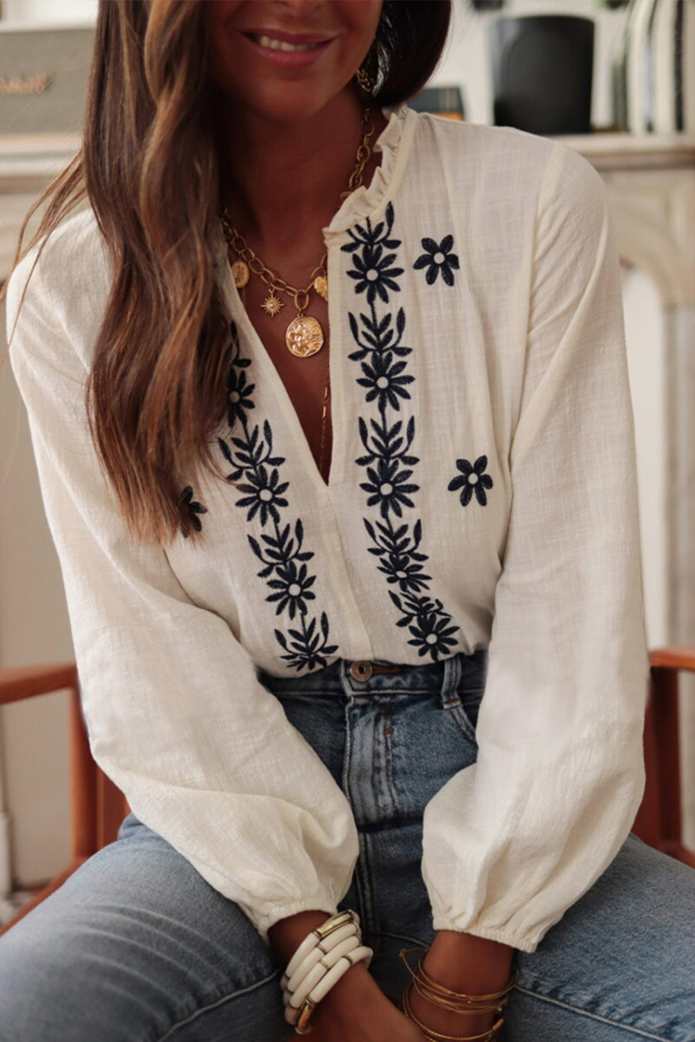 white floral embroidered frilled v neck puff sleeve blouse