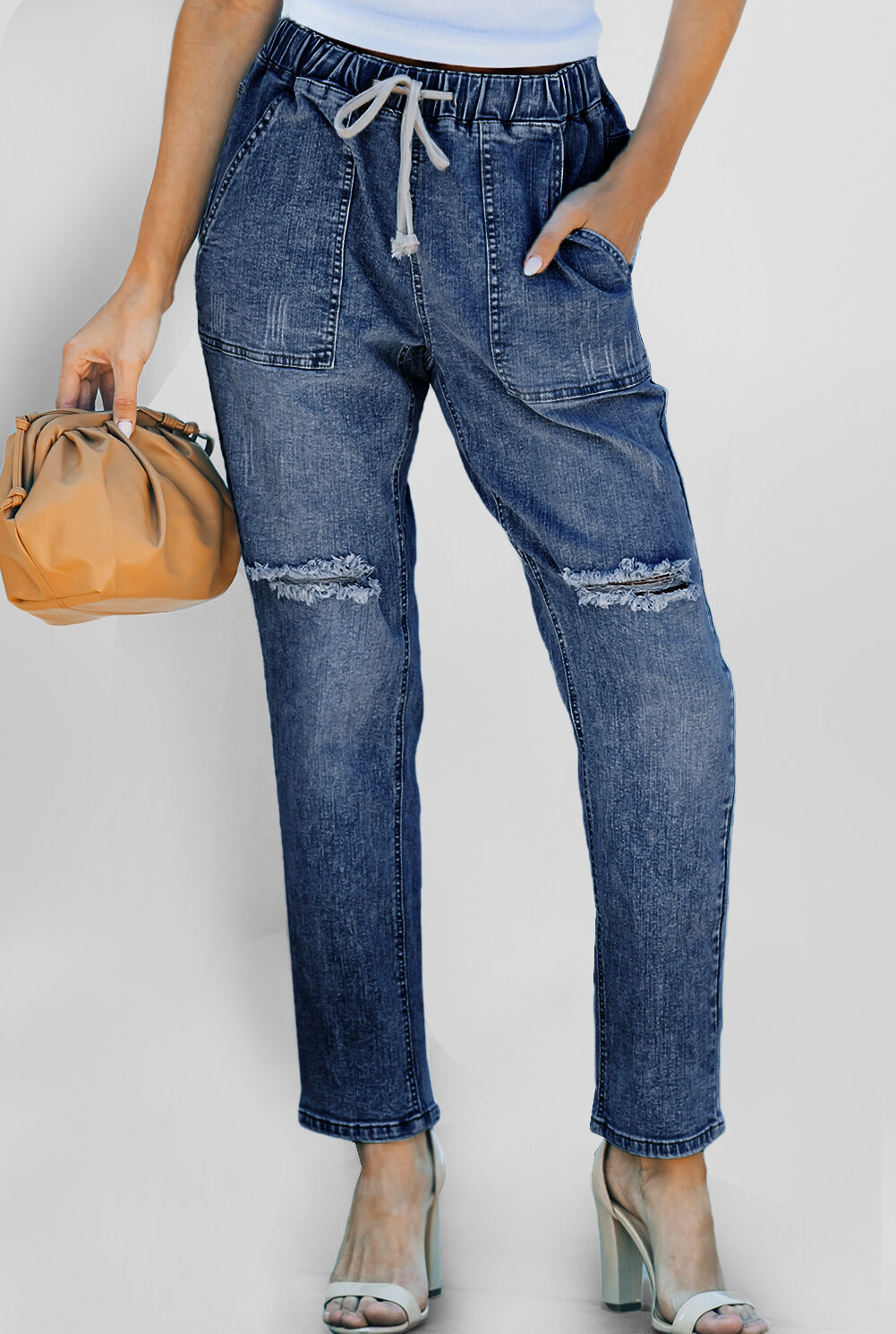 Dark Blue Gather Round Distressed Pocketed Denim Jogger