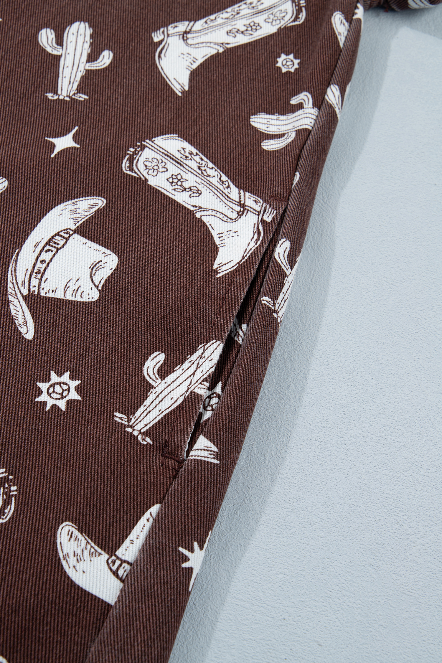 Brown Cowgirl Hats Boots Cactus Print Raw Edge Button Down Short Denim Dress
