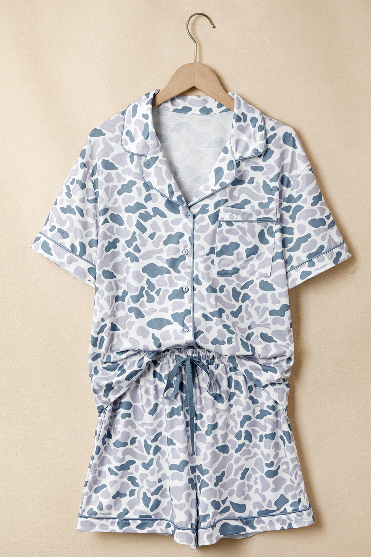 Beige Camouflage Print Lapel Shirt Drawstring 2pcs Short Pajama Set