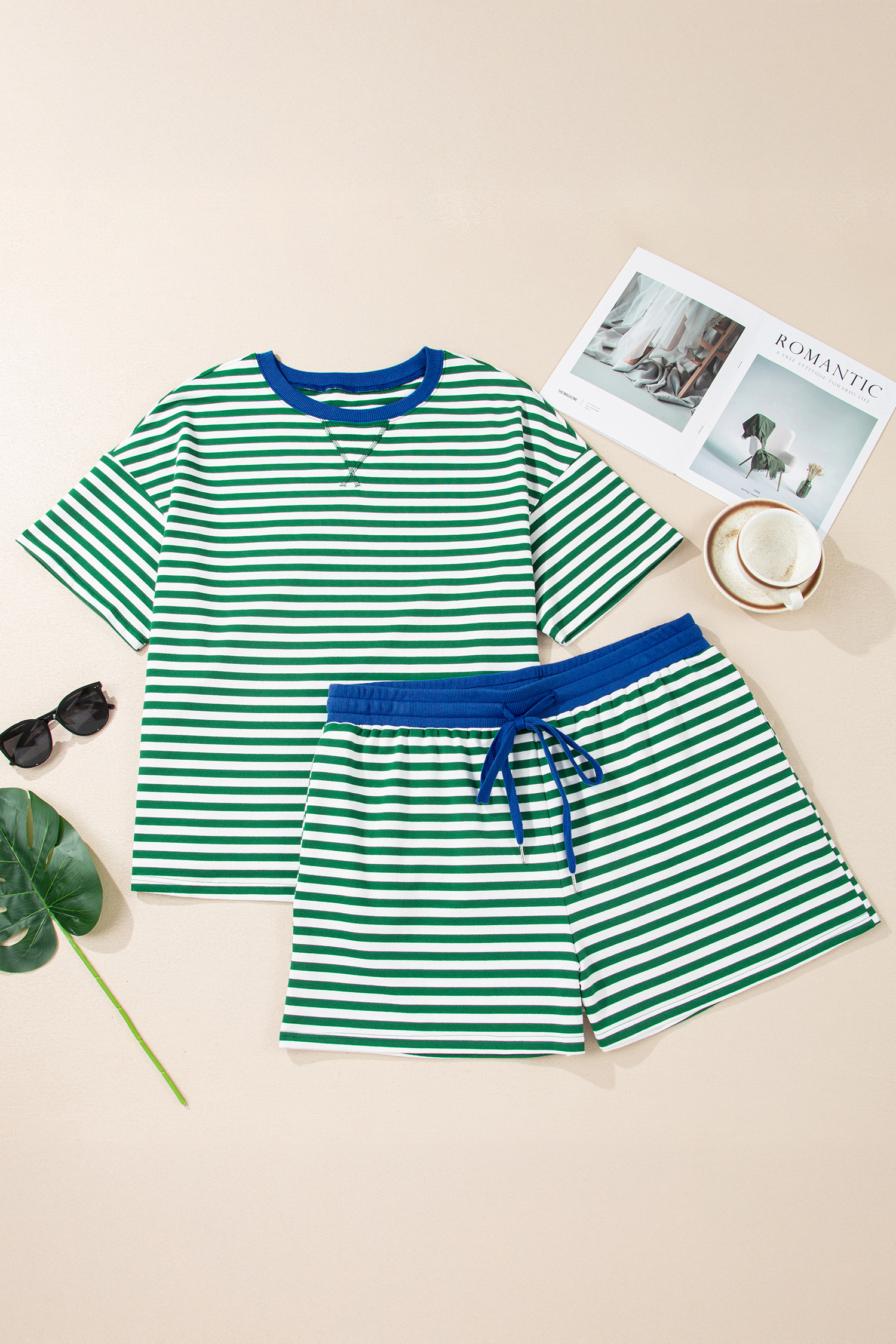 Rose Stripe Boxy Tee Drawstring Elastic Waist Plus Size Short Set