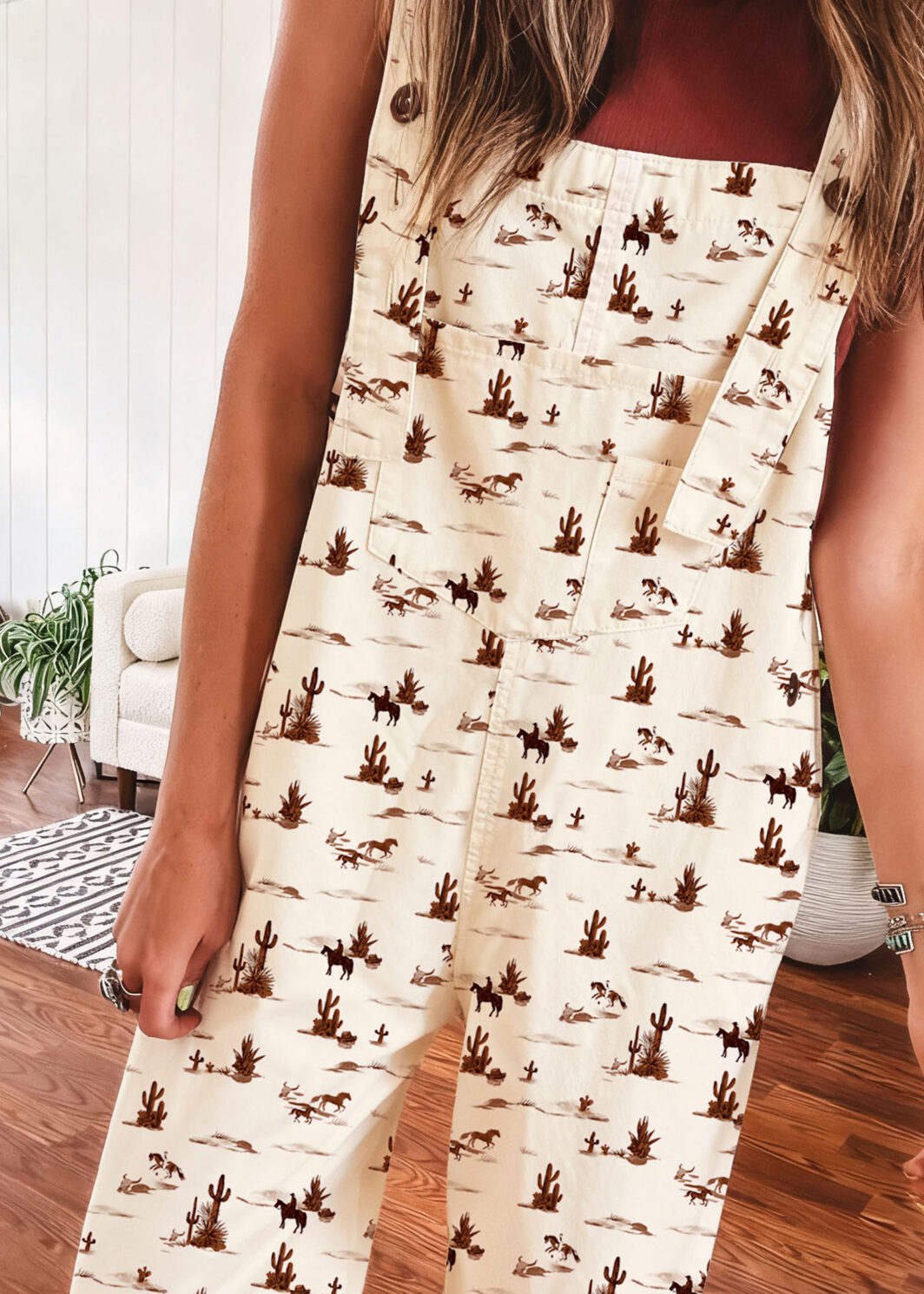 Beige Western Printed Button Adjustable Straps Loose Jumpsuit Dungarees