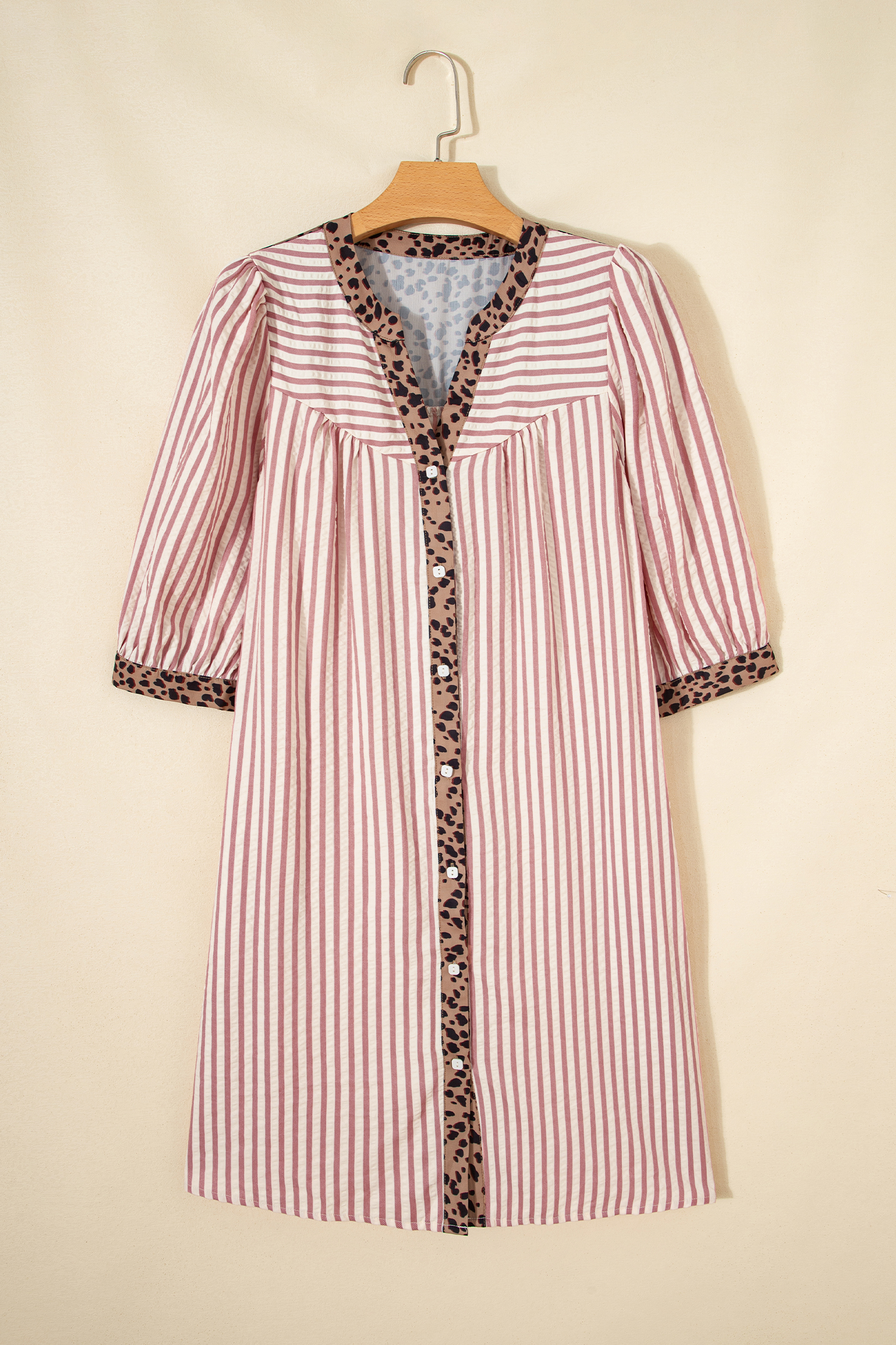 Pink Stripe Square Button Leopard Trim Loose Bracelet Sleeve Shirt Dress