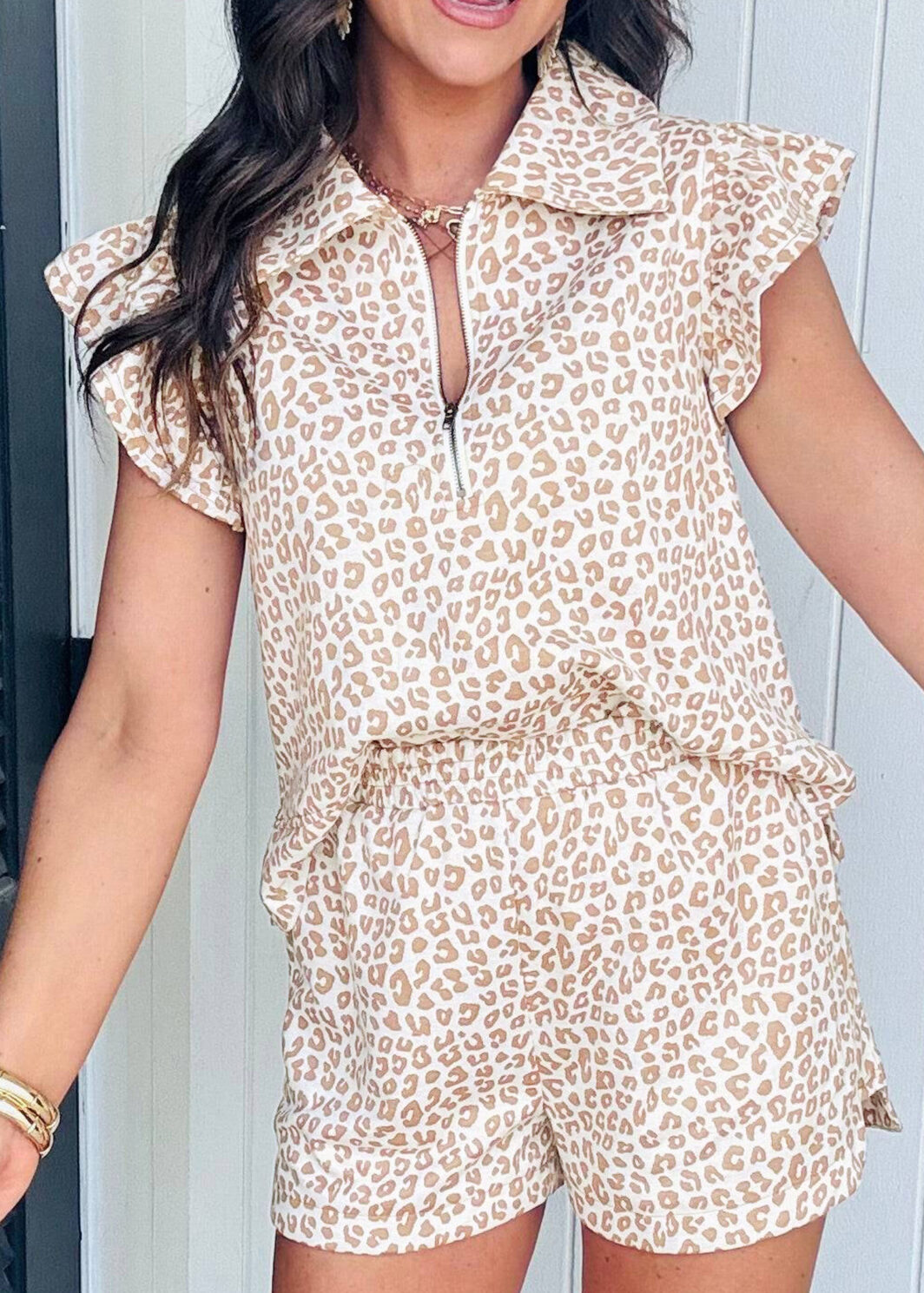 Beige Leopard Zip Polo Top 2pcs Short Set