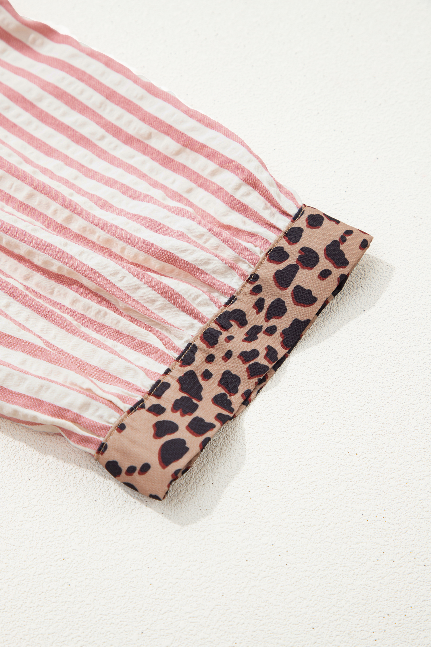 Pink Stripe Square Button Leopard Trim Loose Bracelet Sleeve Shirt Dress