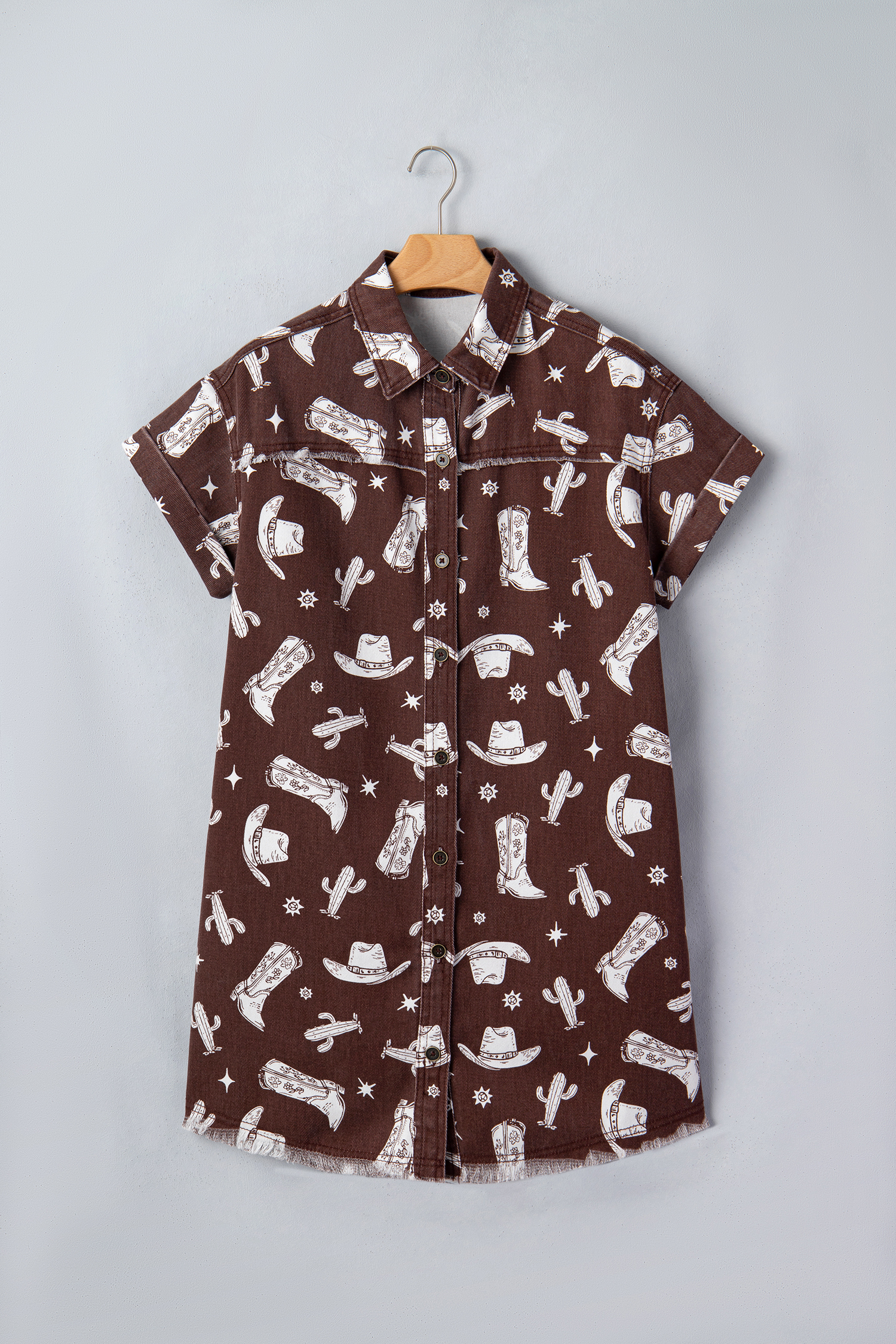 Brown Cowgirl Hats Boots Cactus Print Raw Edge Button Down Short Denim Dress