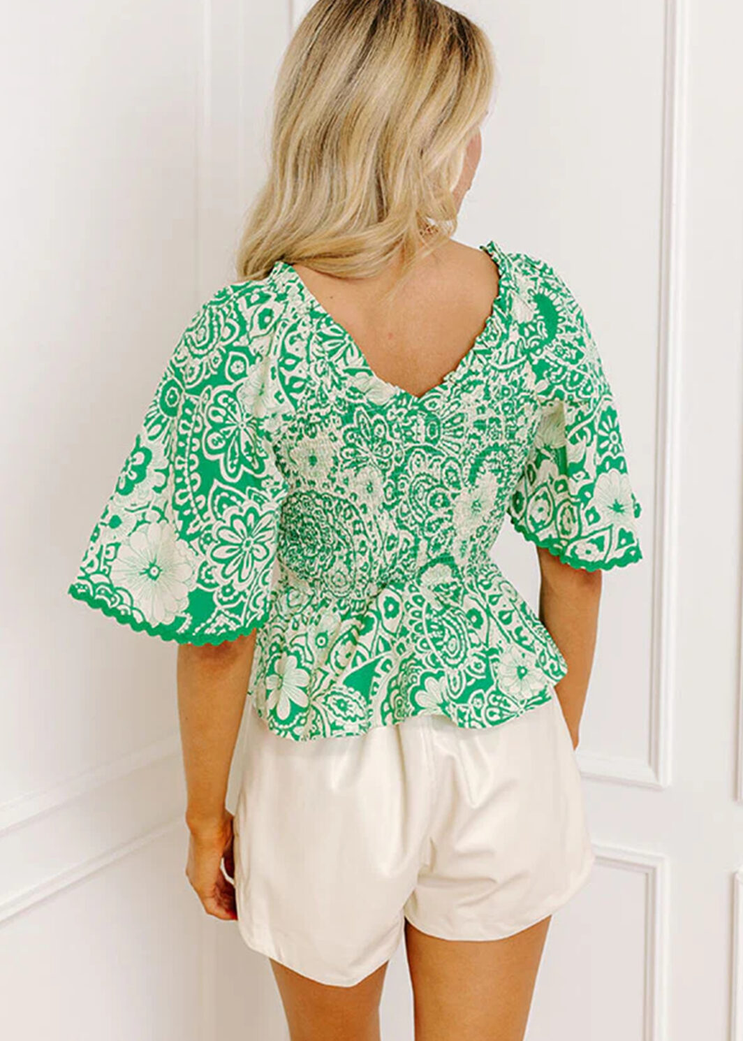 Green Flirty Floral Smocked V Neck Blouse