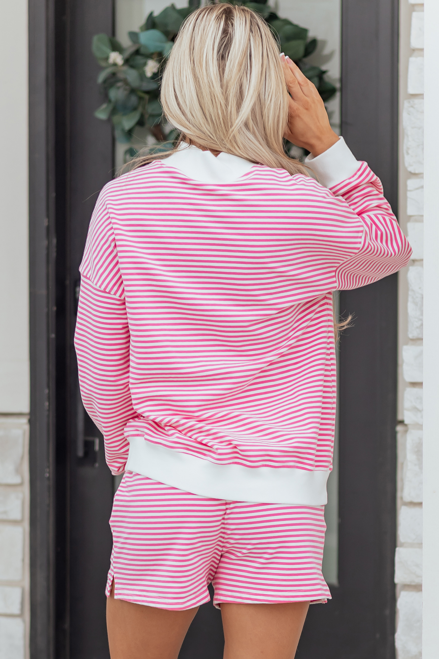 Green Stripe Oversize Mock Neck Sweatshirt and Shorts Set