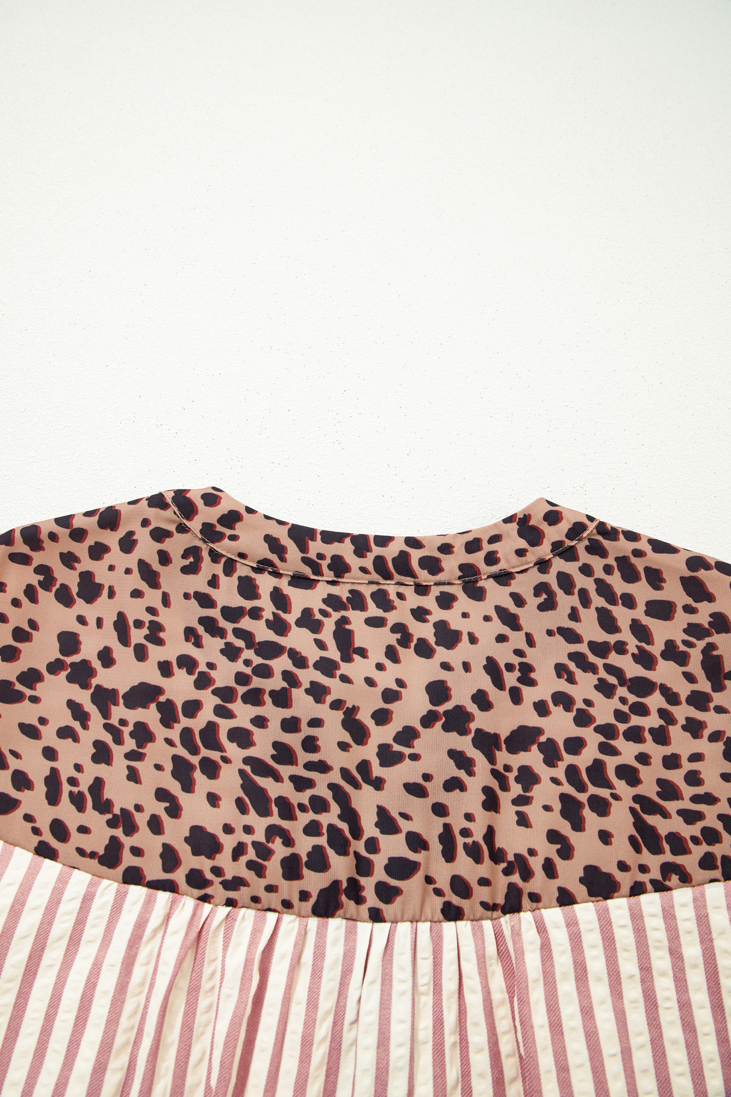 Pink Stripe Square Button Leopard Trim Loose Bracelet Sleeve Shirt Dress