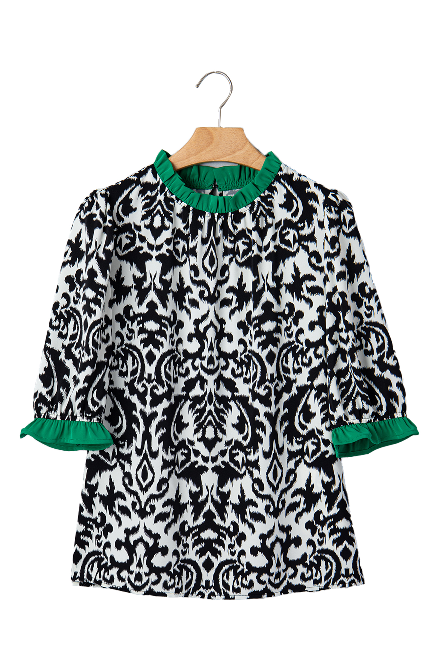 Green Damask Print Ruffled Color Block Detail Half Sleeve Blouse
