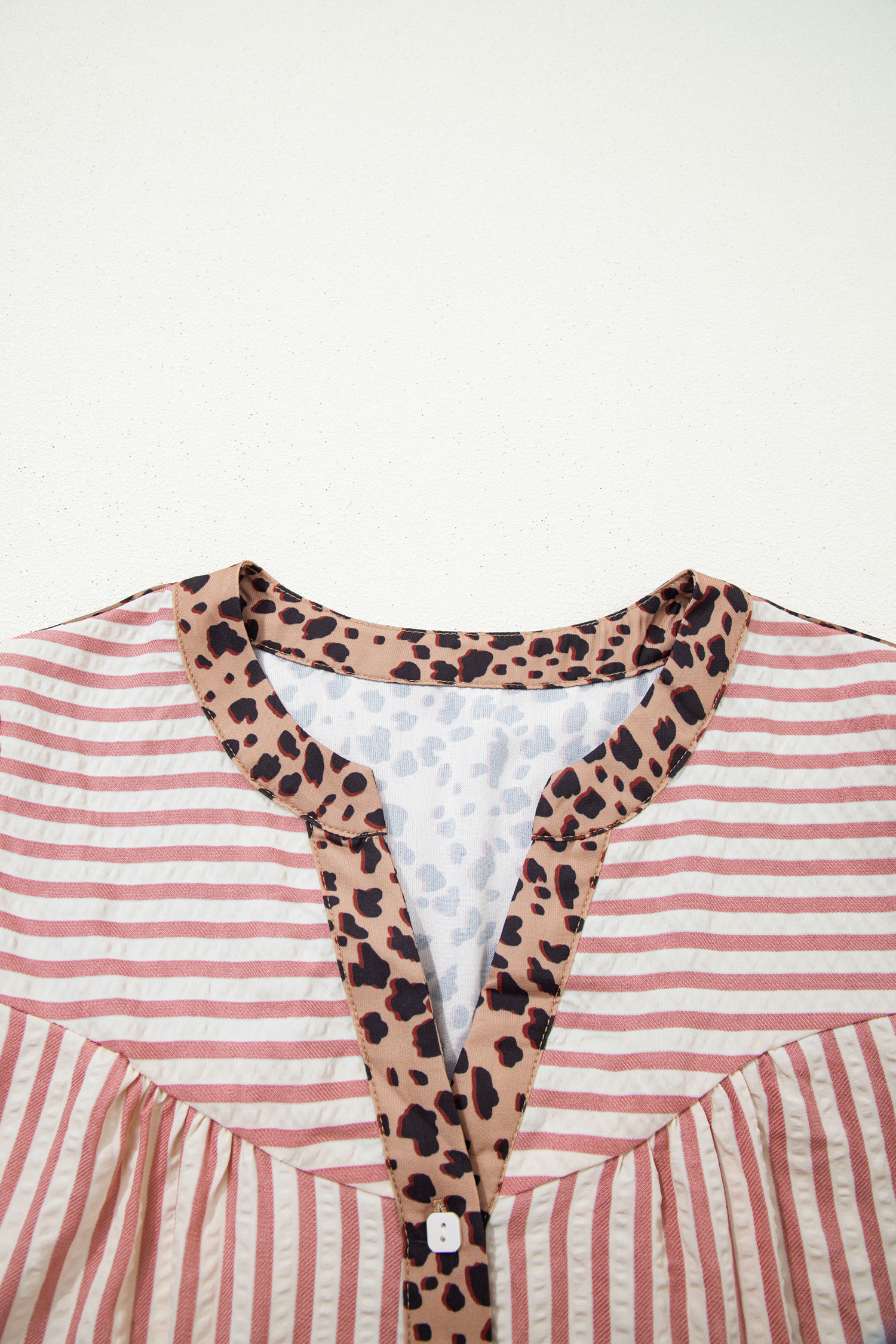 Pink Stripe Square Button Leopard Trim Loose Bracelet Sleeve Shirt Dress