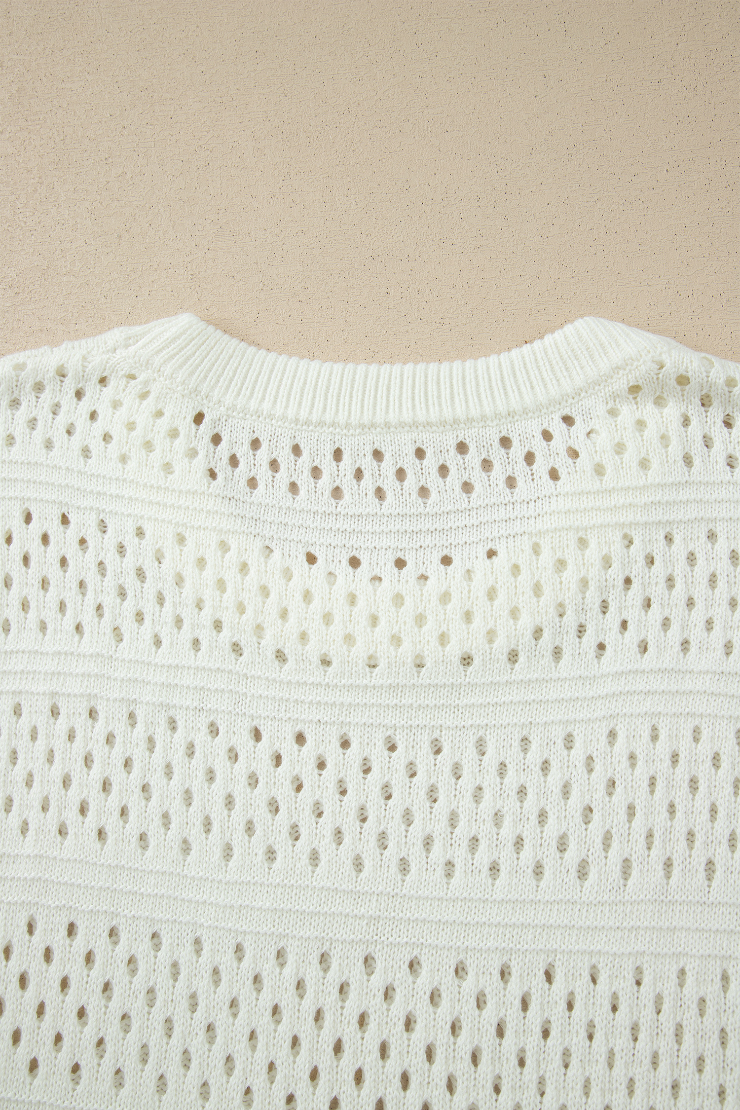 White Plus Size Eyelet Hollow Out Knit Ribbed Trim Short Sleeve Dolman Sweater