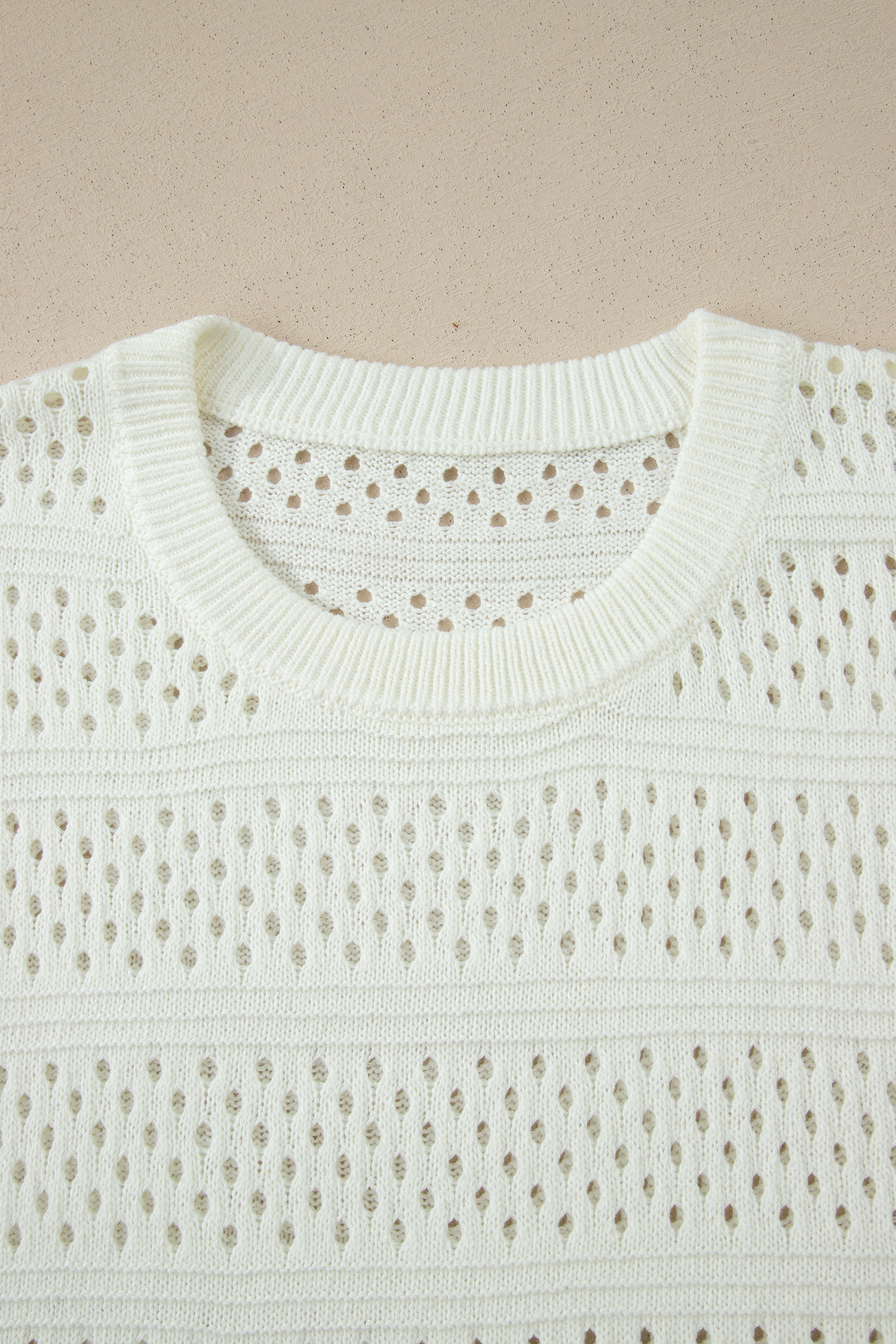 White Plus Size Eyelet Hollow Out Knit Ribbed Trim Short Sleeve Dolman Sweater