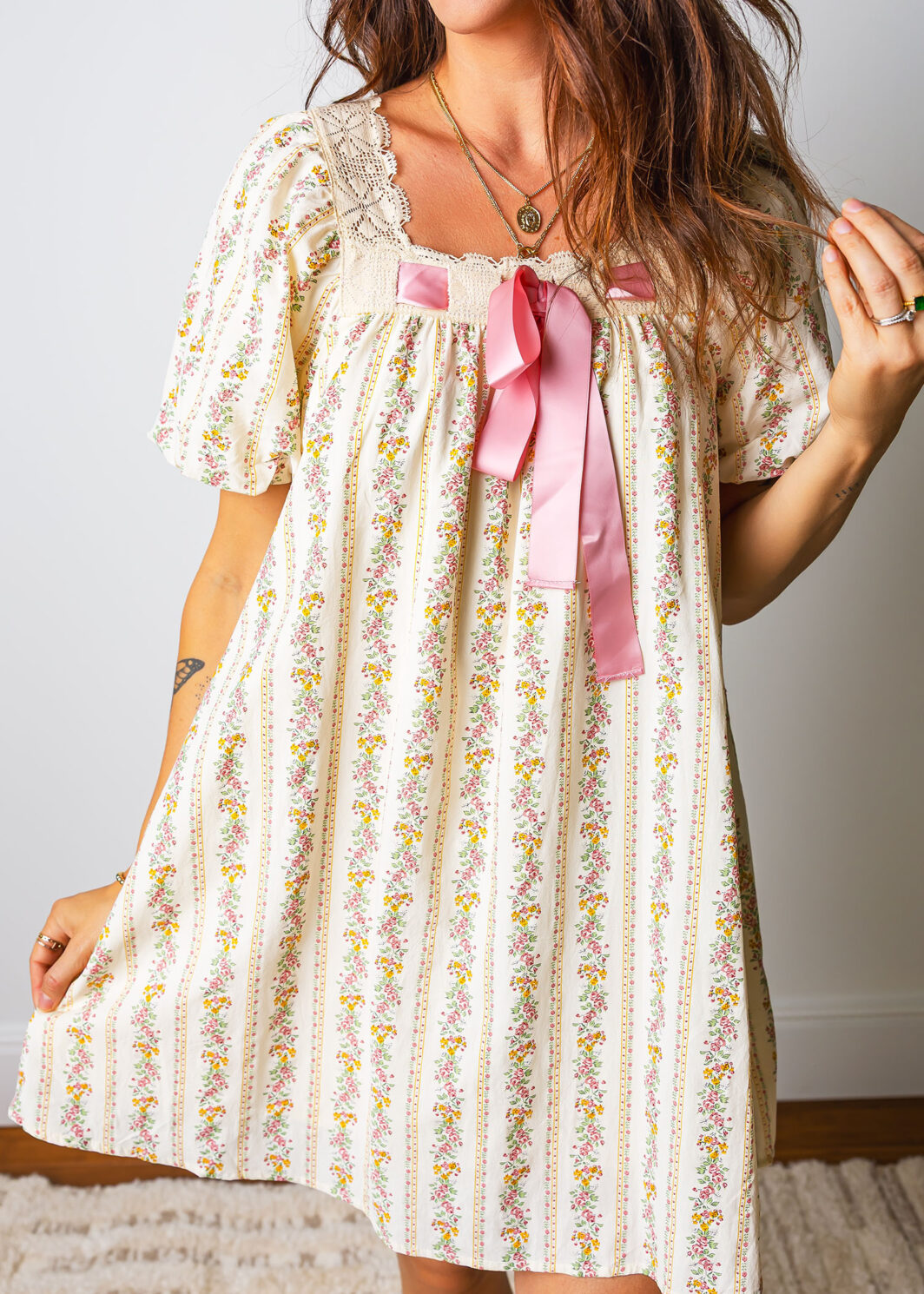 Multicolour Floral Print Contrast Ribbon Bow Lace Trim Square Neck Mini Dress