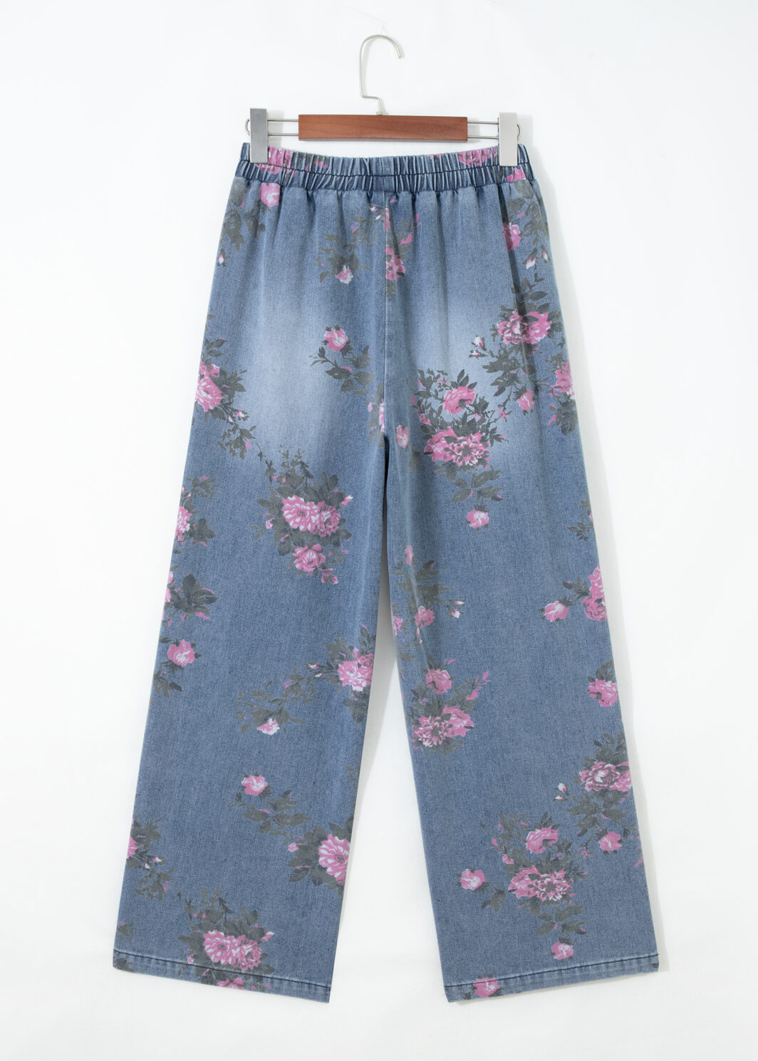 Beau Blue Floral Print Elastic Waist Pull On Casual Jeans